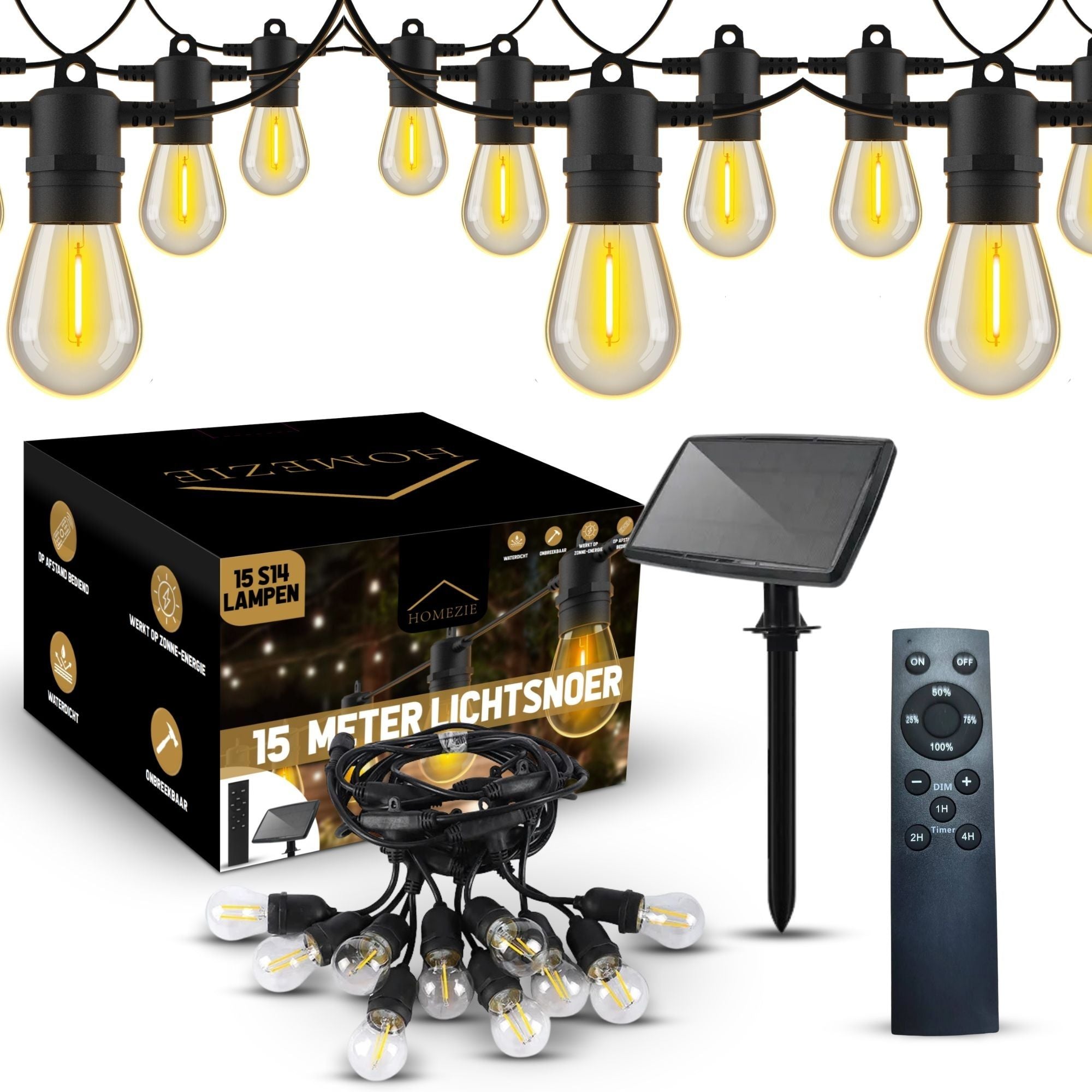 Homezie Lichtsnoer op zonne-energie | IP65 Waterdicht | Dimbaar met afstandsbediening | Warm witte LED-lampen | Solar tuinverlichting