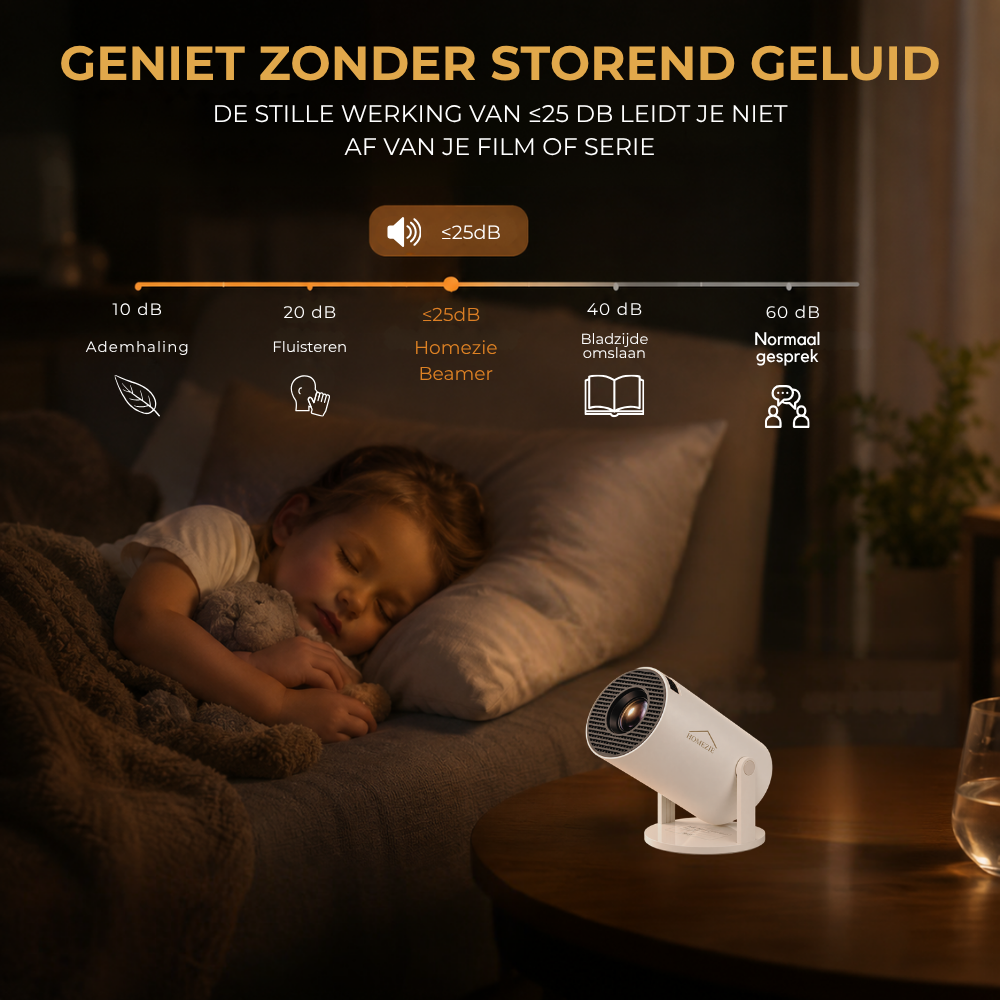 Homezie Beamer | Streamen vanaf je telefoon | 8K steun| 720P | WiFi, HDMI, Bluetooth | Android 14.0 | Inclusief opbergtas | Mini beamer