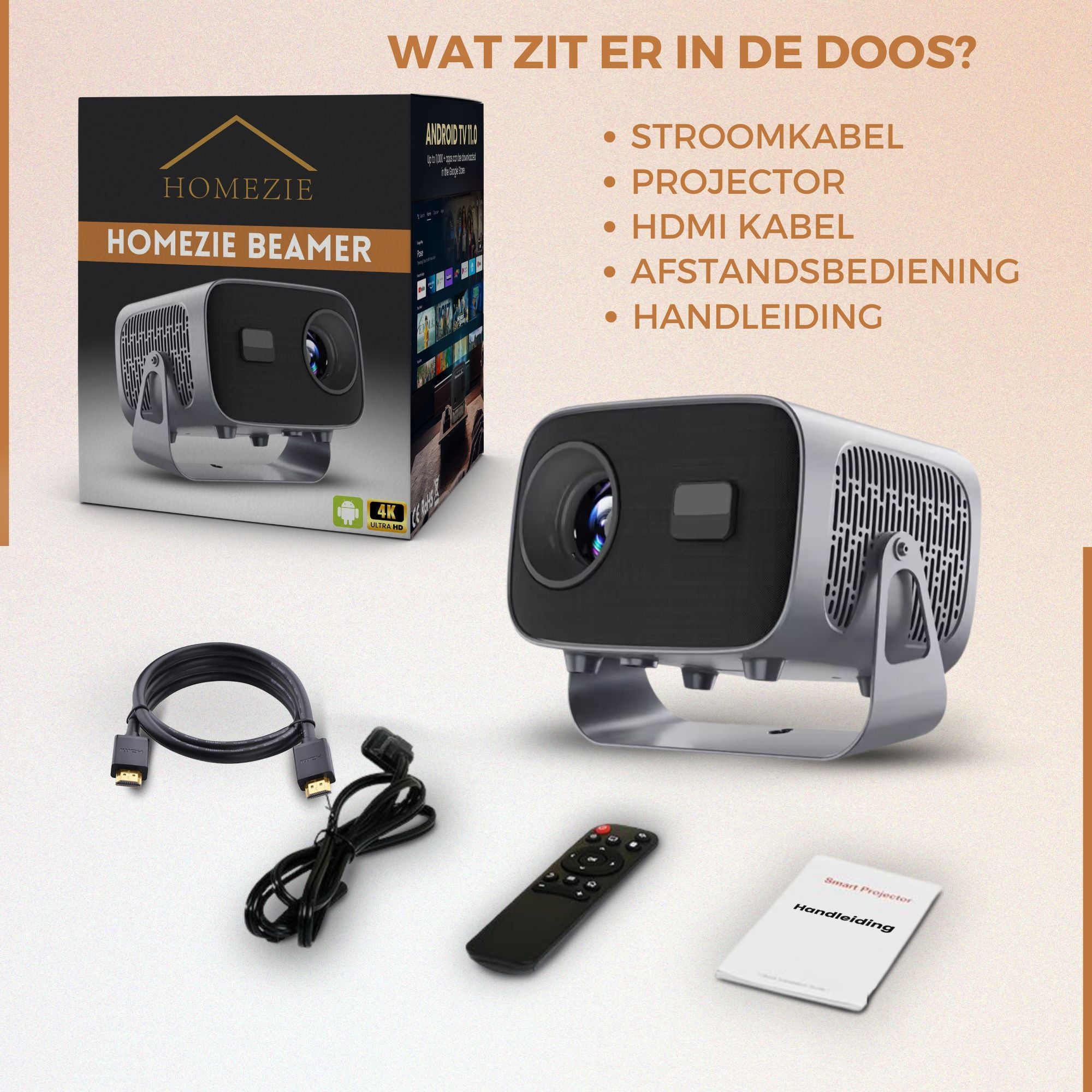 Homezie Beamer | Inclusief HDMI kabel & Afstandsbediening | Scherm Spiegelen vanaf iPhone & Android | Keystone correctie | 4K support | Projector