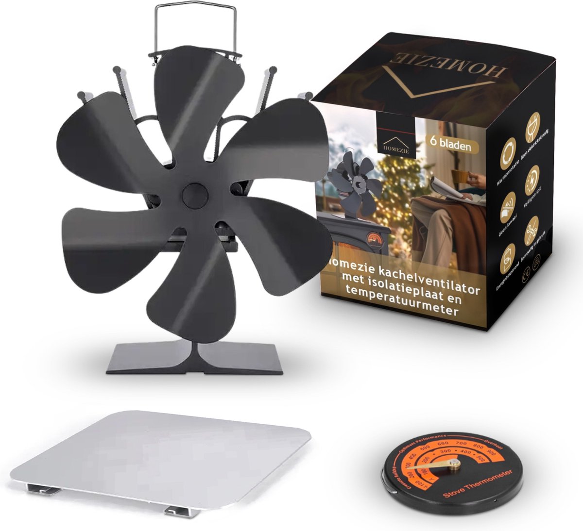 Homezie® Kachelventilator Voor Houtkachel | EARLY SPRING SALE | Inclusief warmteschild en temperatuurmeter | 6 bladen | Kachelventilator | Haardventilator