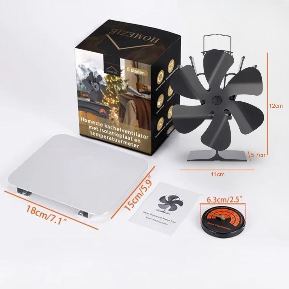 Homezie® Kachelventilator Voor Houtkachel | EARLY SPRING SALE | Inclusief warmteschild en temperatuurmeter | 6 bladen | Kachelventilator | Haardventilator