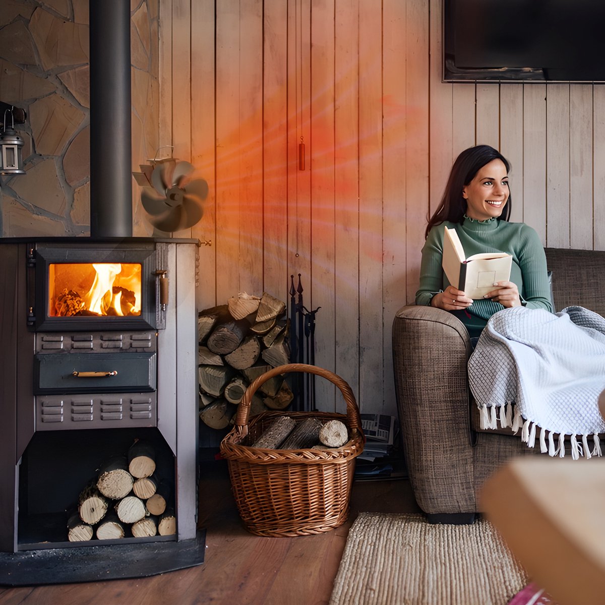 Homezie® Kachelventilator Voor Houtkachel | EARLY SPRING SALE | Inclusief warmteschild en temperatuurmeter | 6 bladen | Kachelventilator | Haardventilator