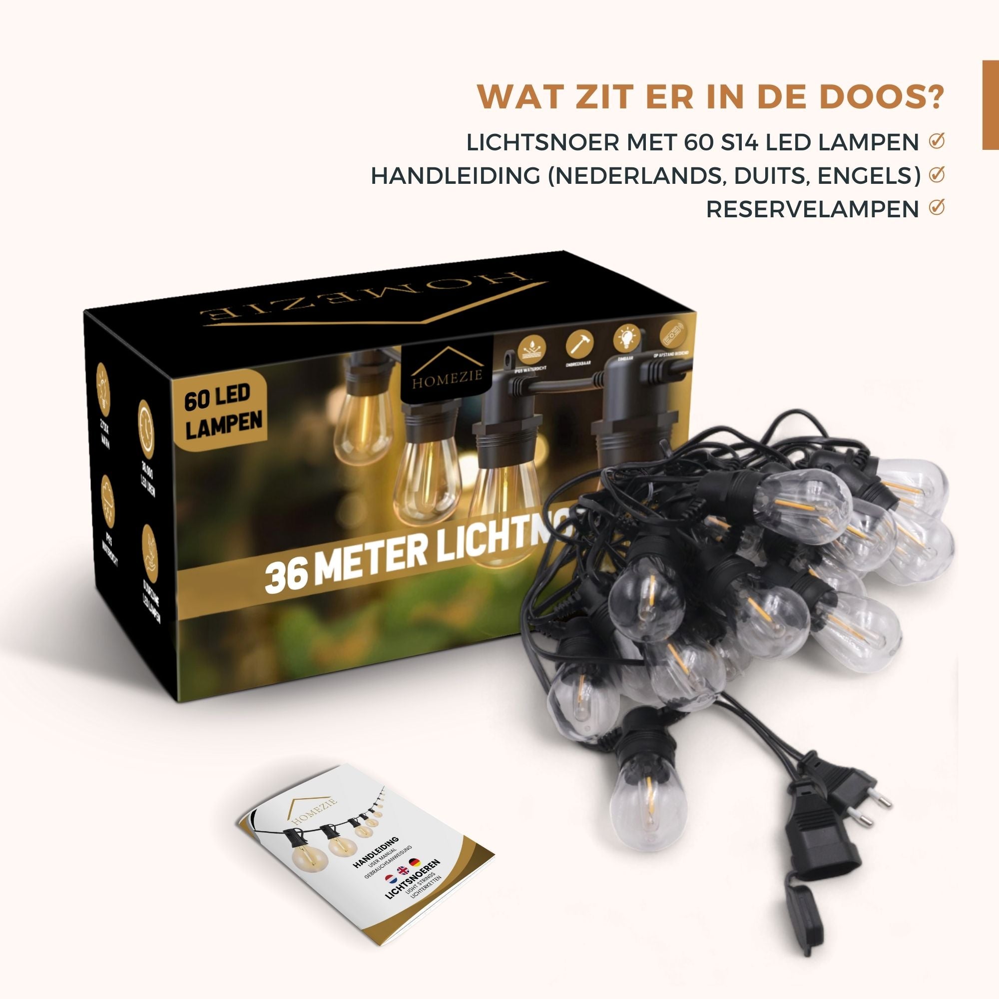 Homezie® Lichtsnoer | IP65 Waterdicht | Kunststof S14 LED lampen | Warm wit | Koppelbaar & Dimbaar | Meerdere lengtes verkrijgbaar