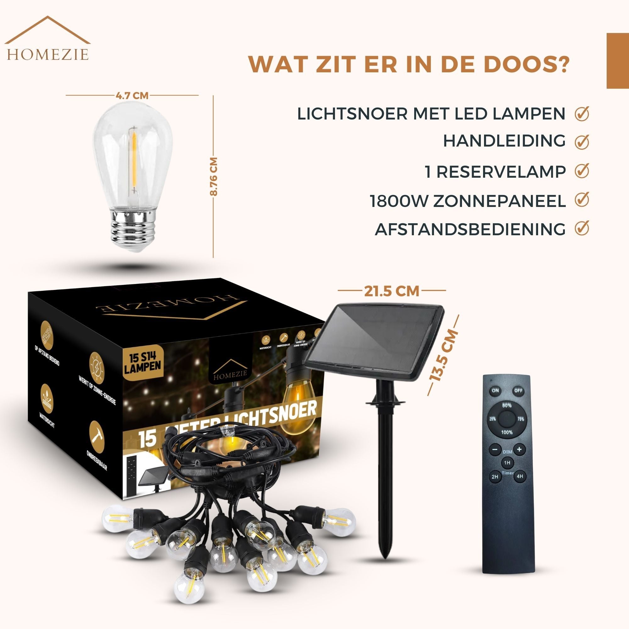 Homezie Lichtsnoer op zonne-energie | IP65 Waterdicht | Dimbaar met afstandsbediening | Warm witte LED-lampen | Solar tuinverlichting
