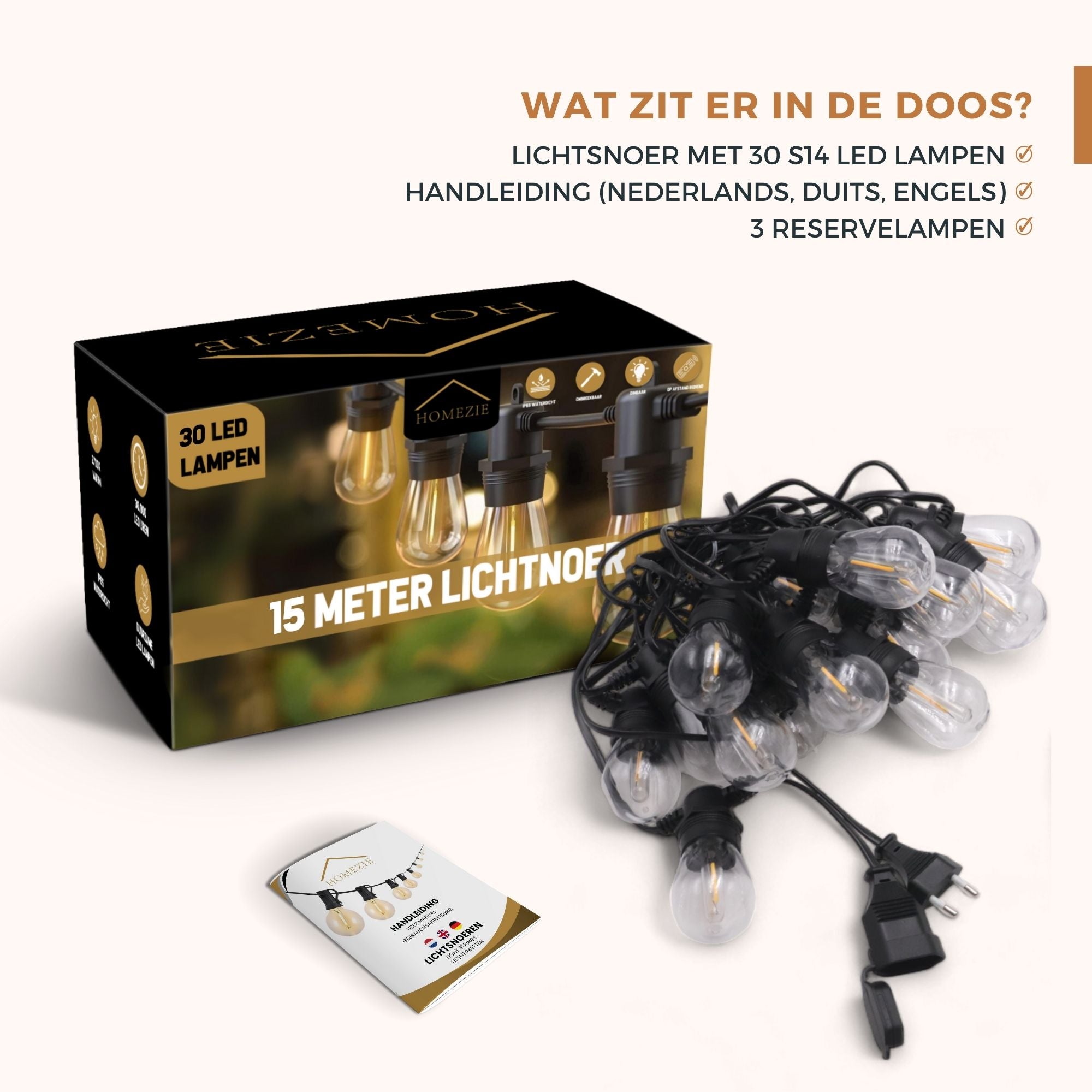 Homezie® Lichtsnoer | IP65 Waterdicht | Kunststof S14 LED lampen | Warm wit | Koppelbaar & Dimbaar | Meerdere lengtes verkrijgbaar