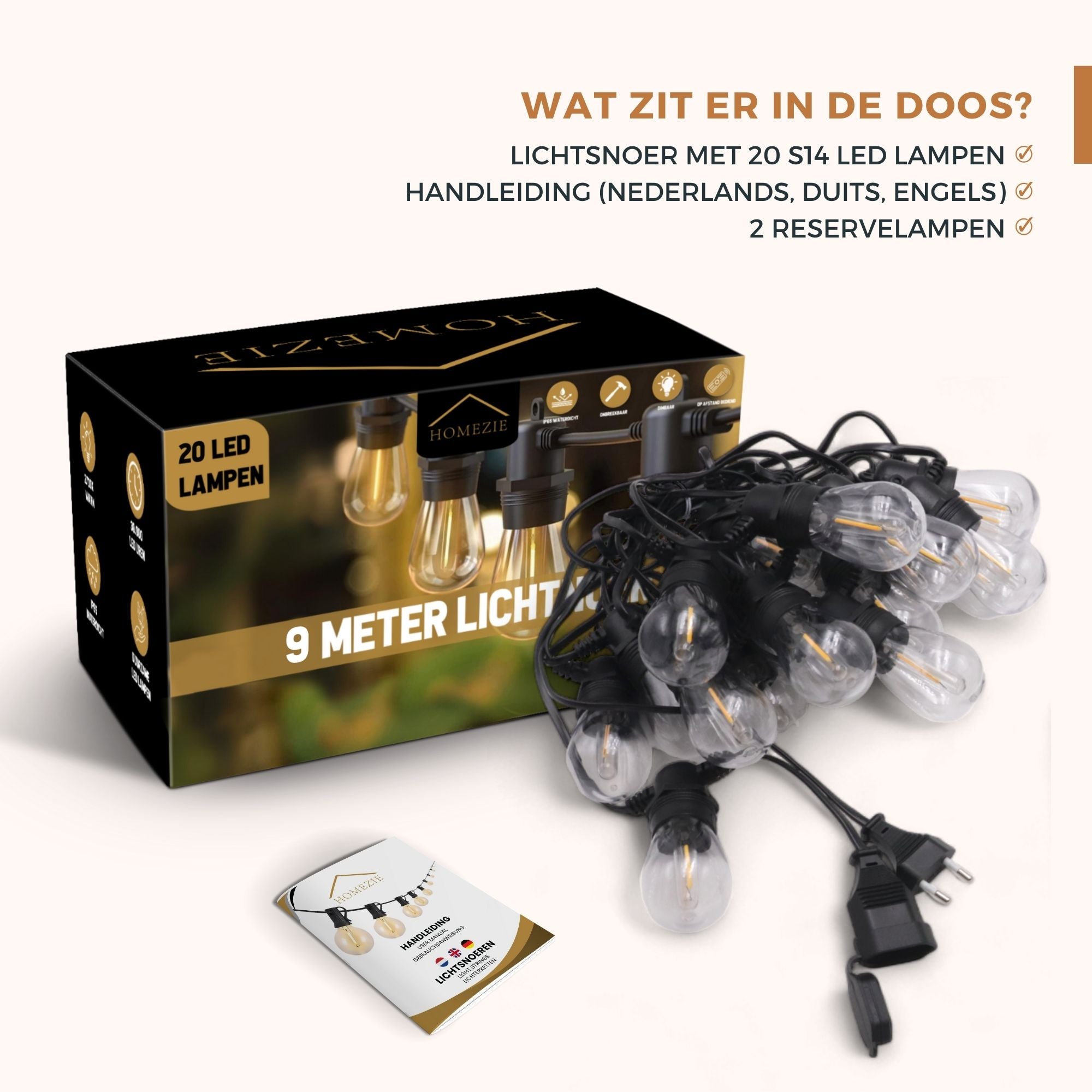 Homezie® Lichtsnoer | IP65 Waterdicht | Kunststof S14 LED lampen | Warm wit | Koppelbaar & Dimbaar | Meerdere lengtes verkrijgbaar