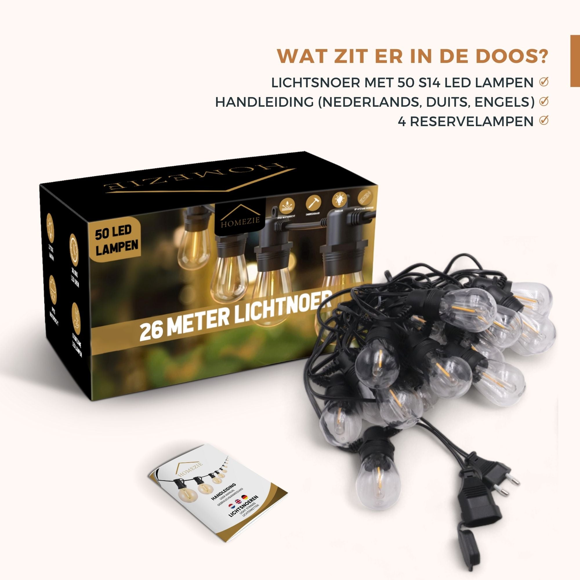 Homezie® Lichtsnoer | IP65 Waterdicht | Kunststof S14 LED lampen | Warm wit | Koppelbaar & Dimbaar | Meerdere lengtes verkrijgbaar