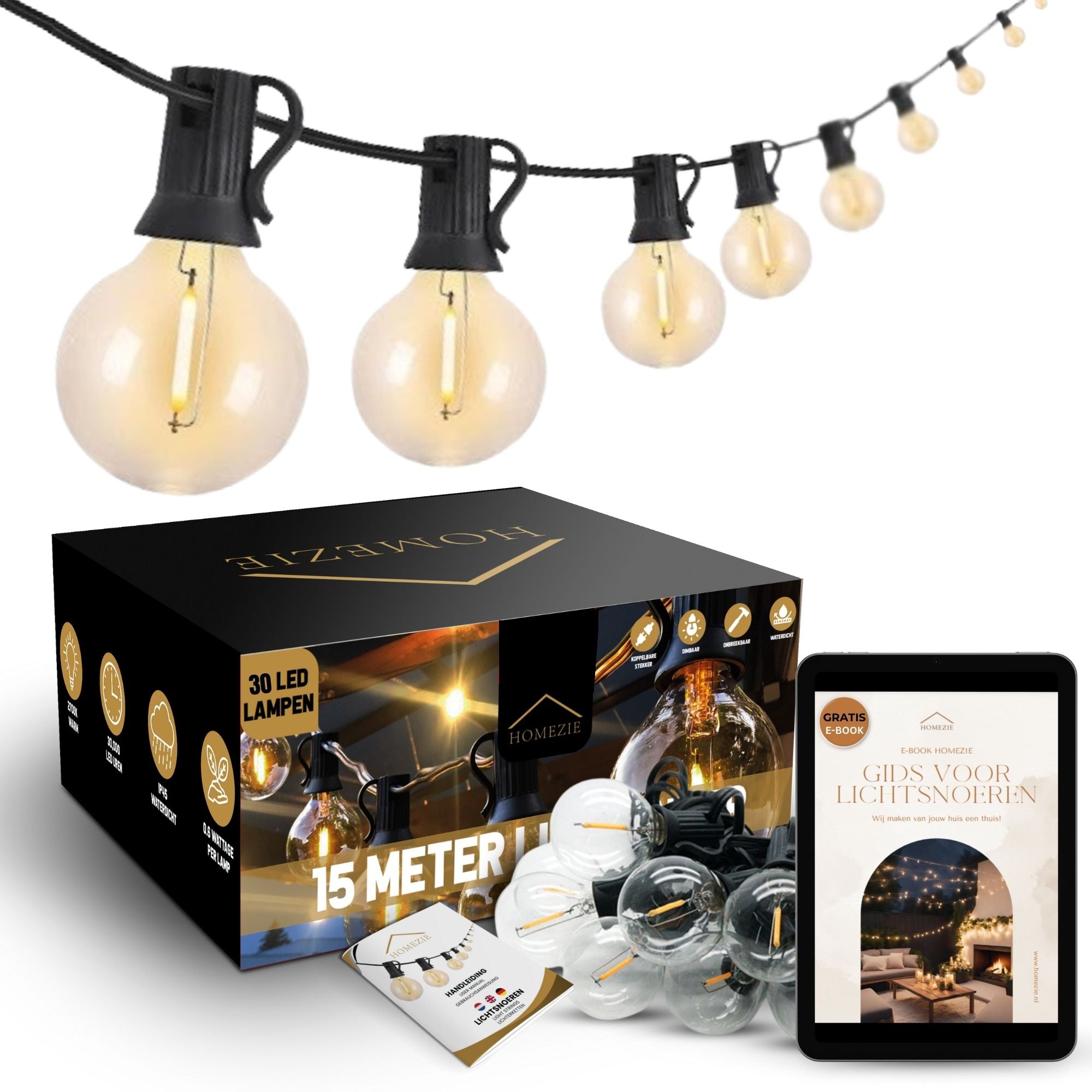 Homezie® Lichtsnoer | Dimbaar & Koppelbaar | IP44 Spatwaterdicht | Prikkabel Warm Wit | Verlichting | Meerdere lengtes verkrijgbaar