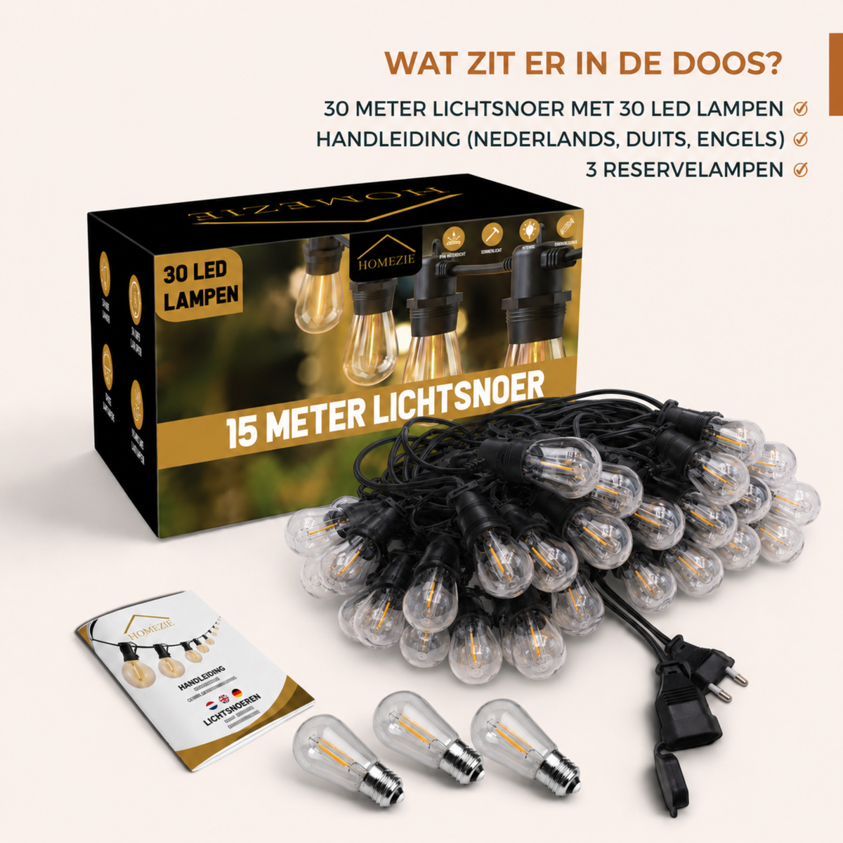 Homezie® Lichtsnoer | IP65 Waterdicht | Kunststof S14 LED lampen | Warm wit | Koppelbaar & Dimbaar | Meerdere lengtes verkrijgbaar