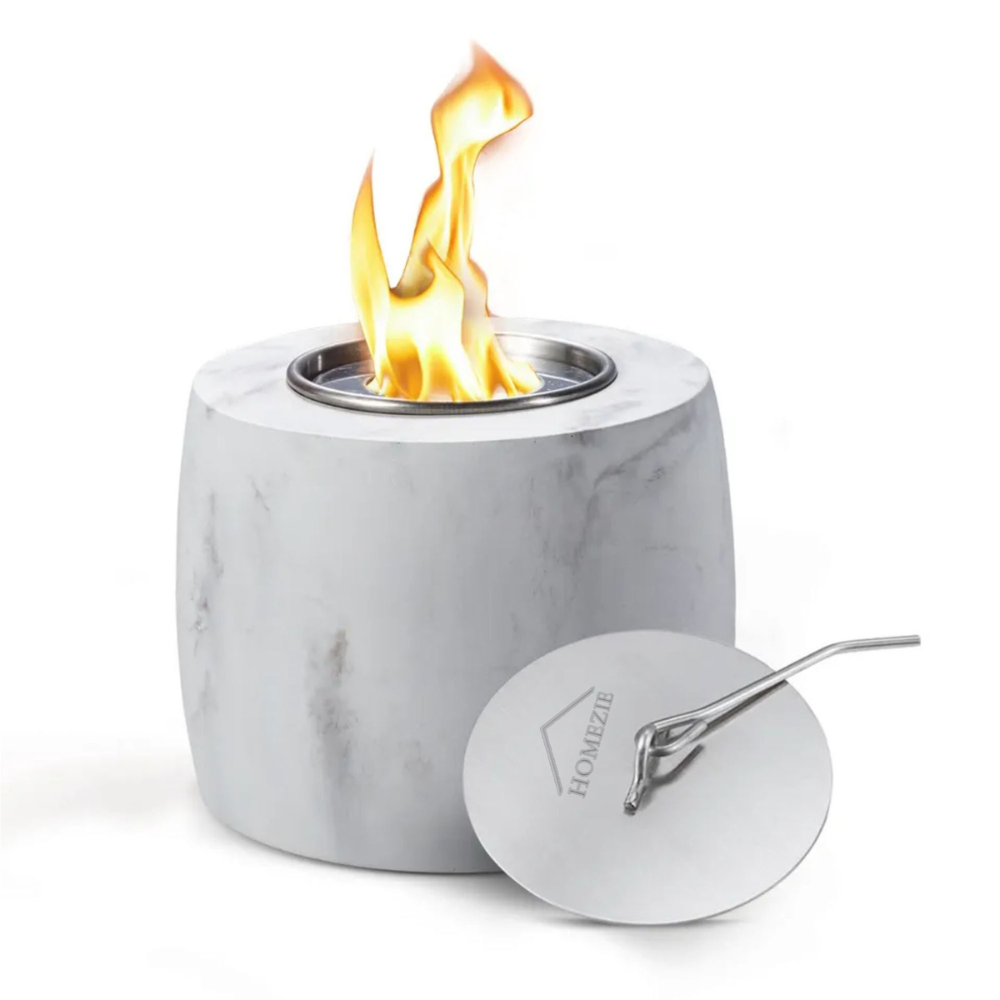 Homezie® Tafelhaard | Voor binnen & buiten | Rond marble grijs | Sfeerhaard | Bio ethanol haard