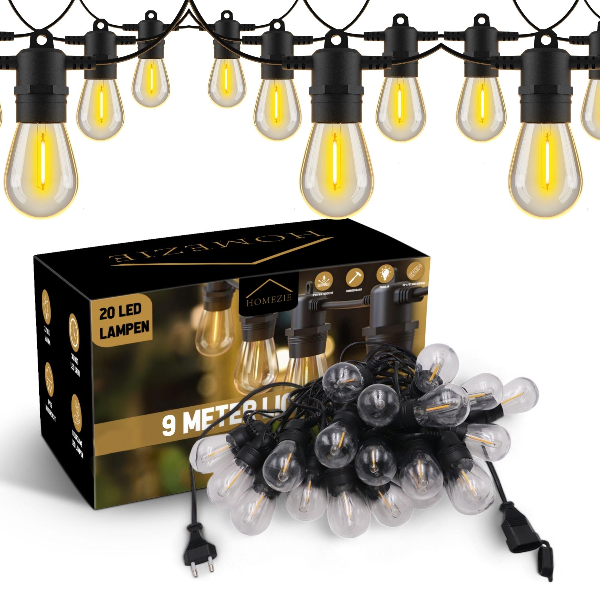 Homezie® Lichtsnoer | IP65 Waterdicht | Kunststof S14 LED lampen | Warm wit | Koppelbaar & Dimbaar | Meerdere lengtes verkrijgbaar