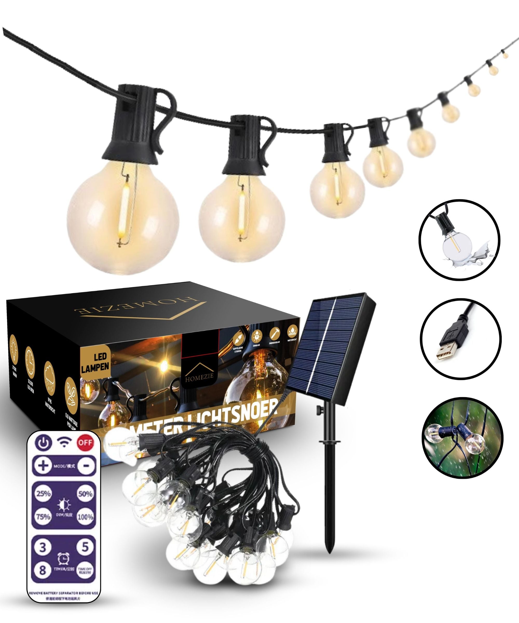 Homezie® Lichtsnoer op zonne-energie | Dimbaar | Met afstandsbediening | IP65 waterdicht | LED-lampen | Meerdere lengtes verkrijgbaar