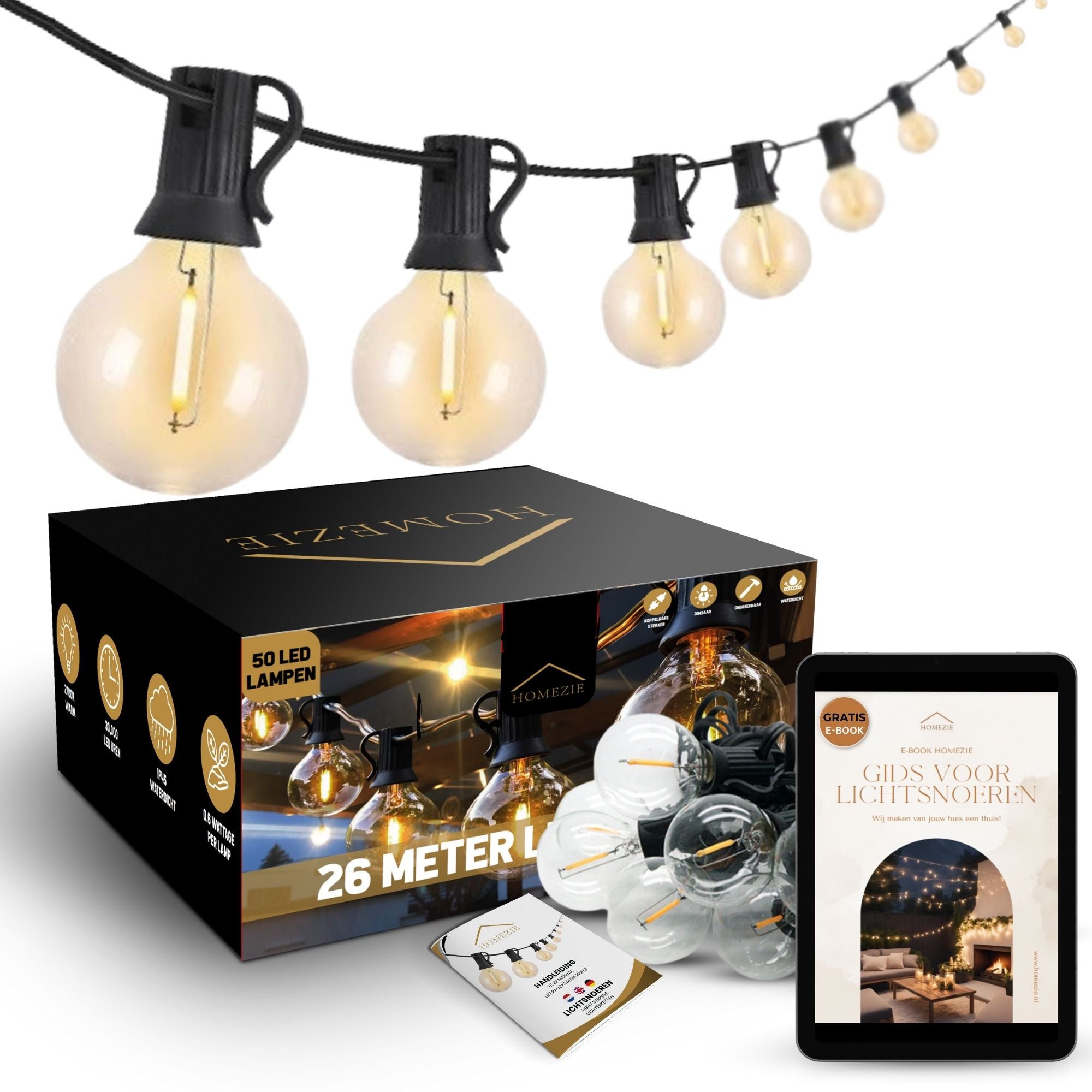 HomezieĀ® Lichtsnoer | Dimbaar & Koppelbaar | IP44 Spatwaterdicht | Prikkabel Warm Wit | Verlichting | Meerdere lengtes verkrijgbaar