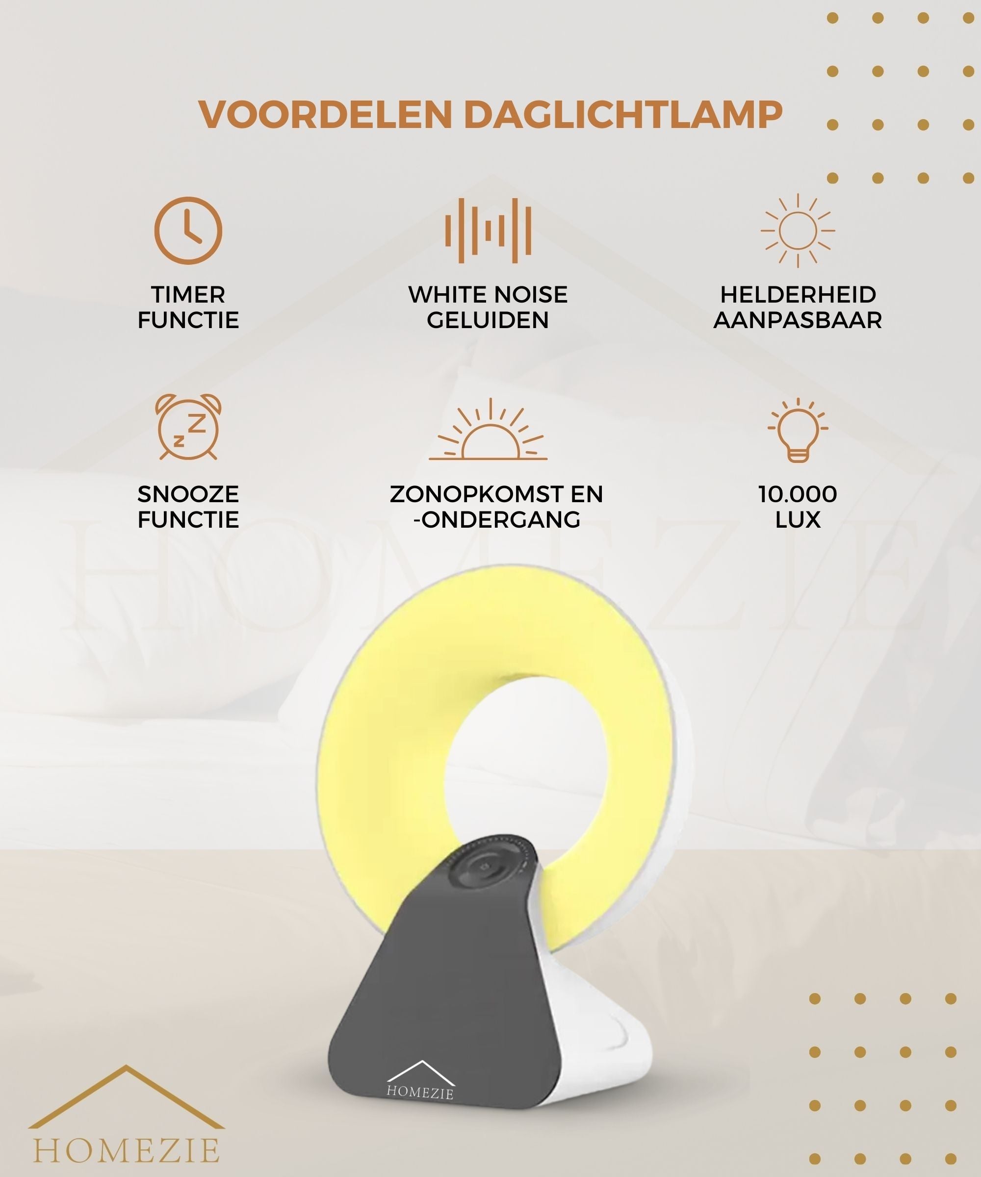 Homezie Daglichtlamp | Wake up light | White noise machine | 10.000 Lux | Lichttherapie Lamp