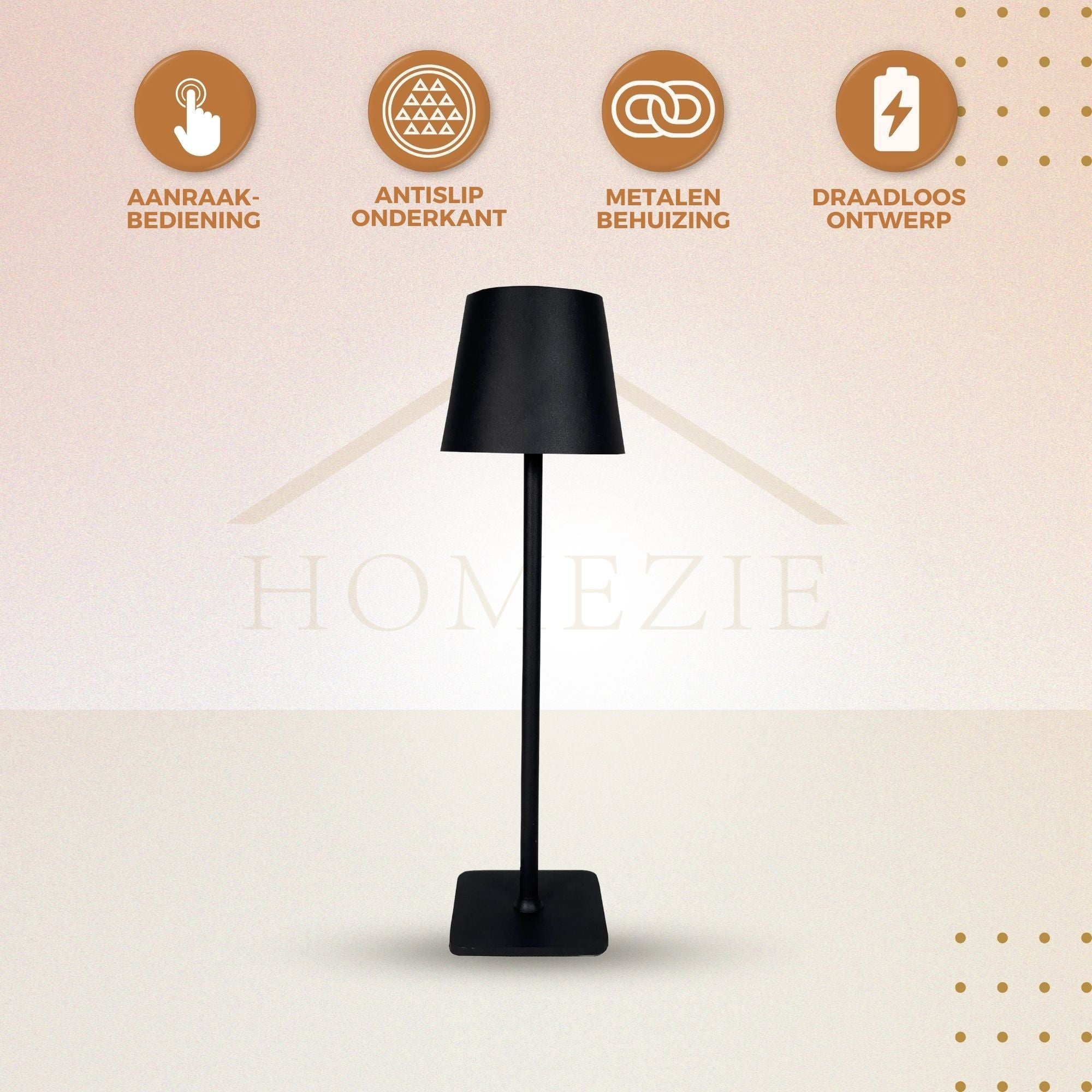 Homezie TouchLite | Draadloze Tafellamp | Verstelbare Helderheid | USB-C Oplaadbaar | Sfeerverlichting