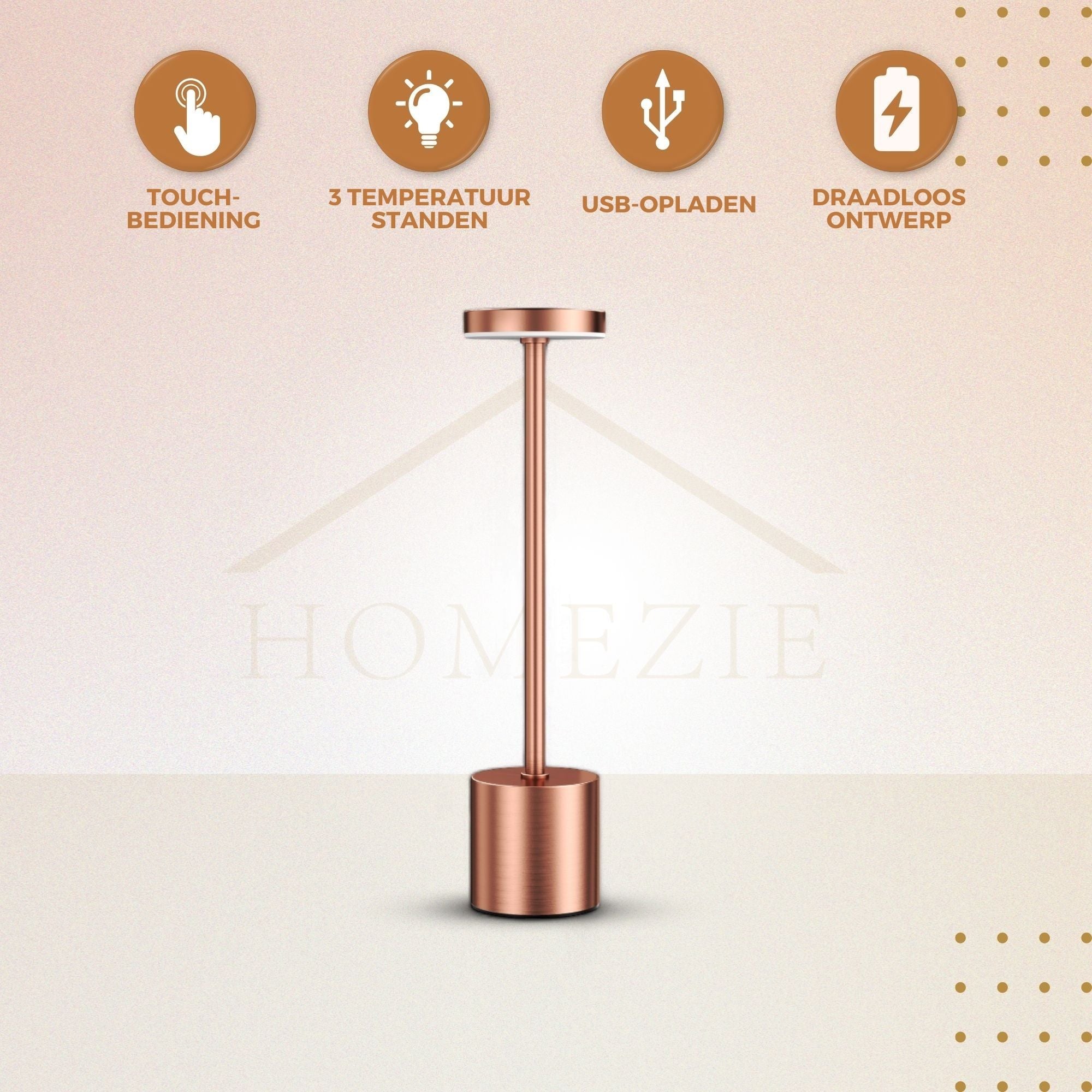 Homezie LuxeTouch | 1 stuk | Draadloze Tafellamp | USB-oplaadbaar | Touch Bediening | Eettafel Lamp | Sfeerverlichting