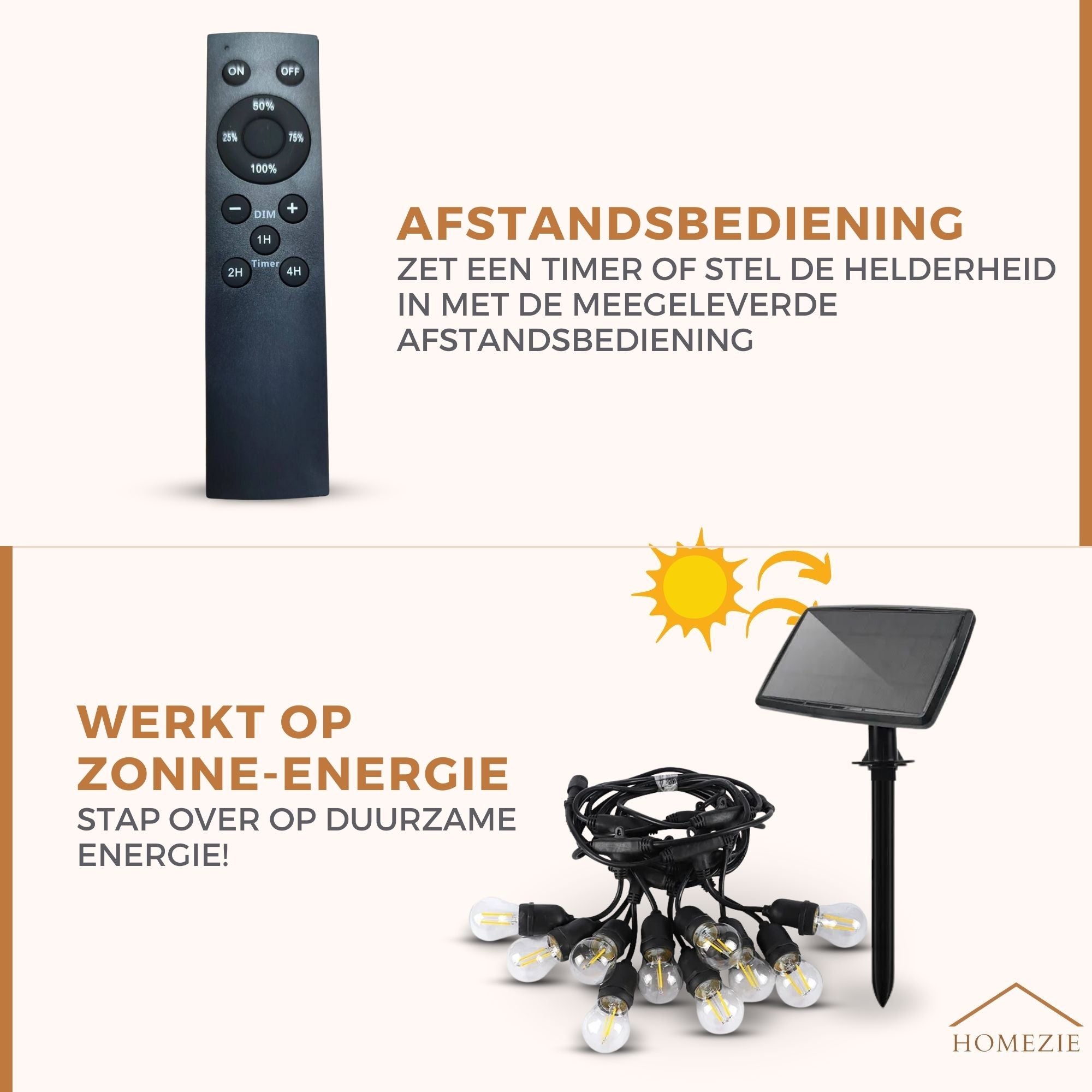 Homezie Lichtsnoer op zonne-energie | IP65 Waterdicht | Dimbaar met afstandsbediening | Warm witte LED-lampen | Solar tuinverlichting