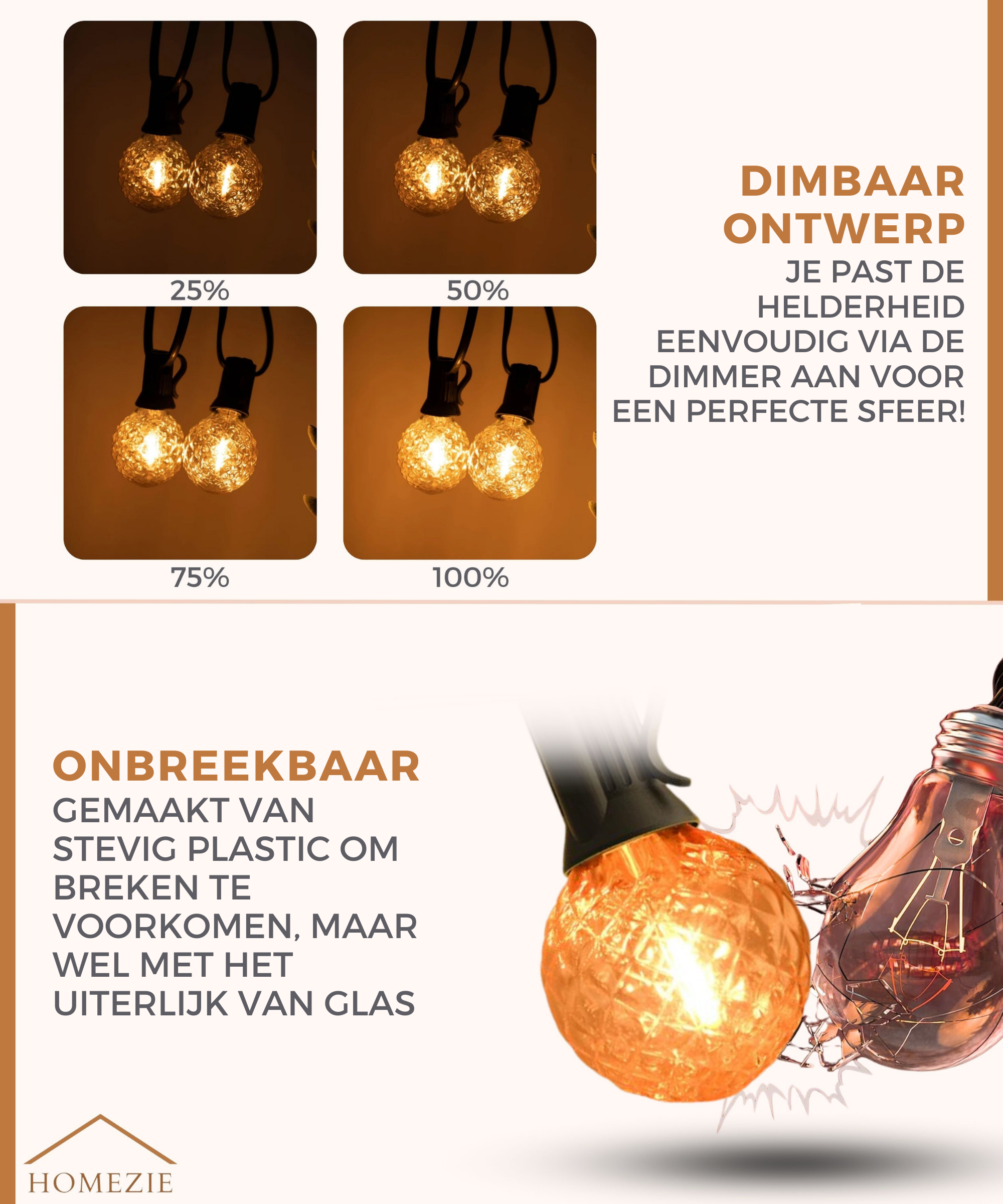 Homezie® Lichtsnoer 15 meter met 30 LED bulbs | Warm wit | Koppelbaar & Dimbaar