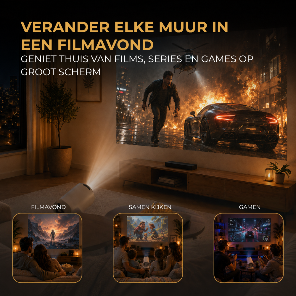 Homezie Beamer | Streamen vanaf je telefoon | 8K steun| 720P | WiFi, HDMI, Bluetooth | Android 14.0 | Inclusief opbergtas | Mini beamer