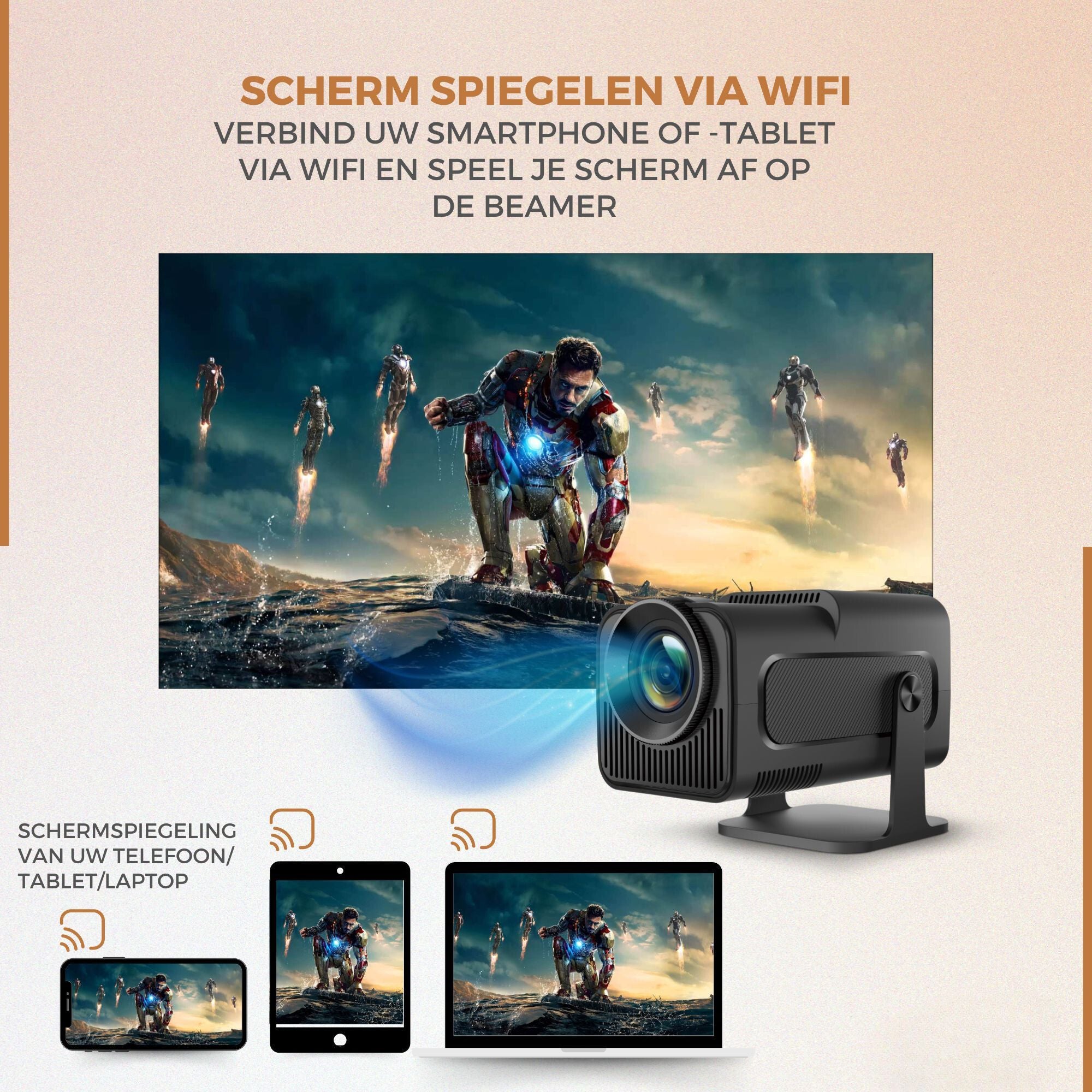 Homezie Beamer | 1080P | Inclusief HDMI kabel & Afstandsbediening | Scherm Spiegelen vanaf iPhone & Android | Keystone correctie | 4K support | Projector