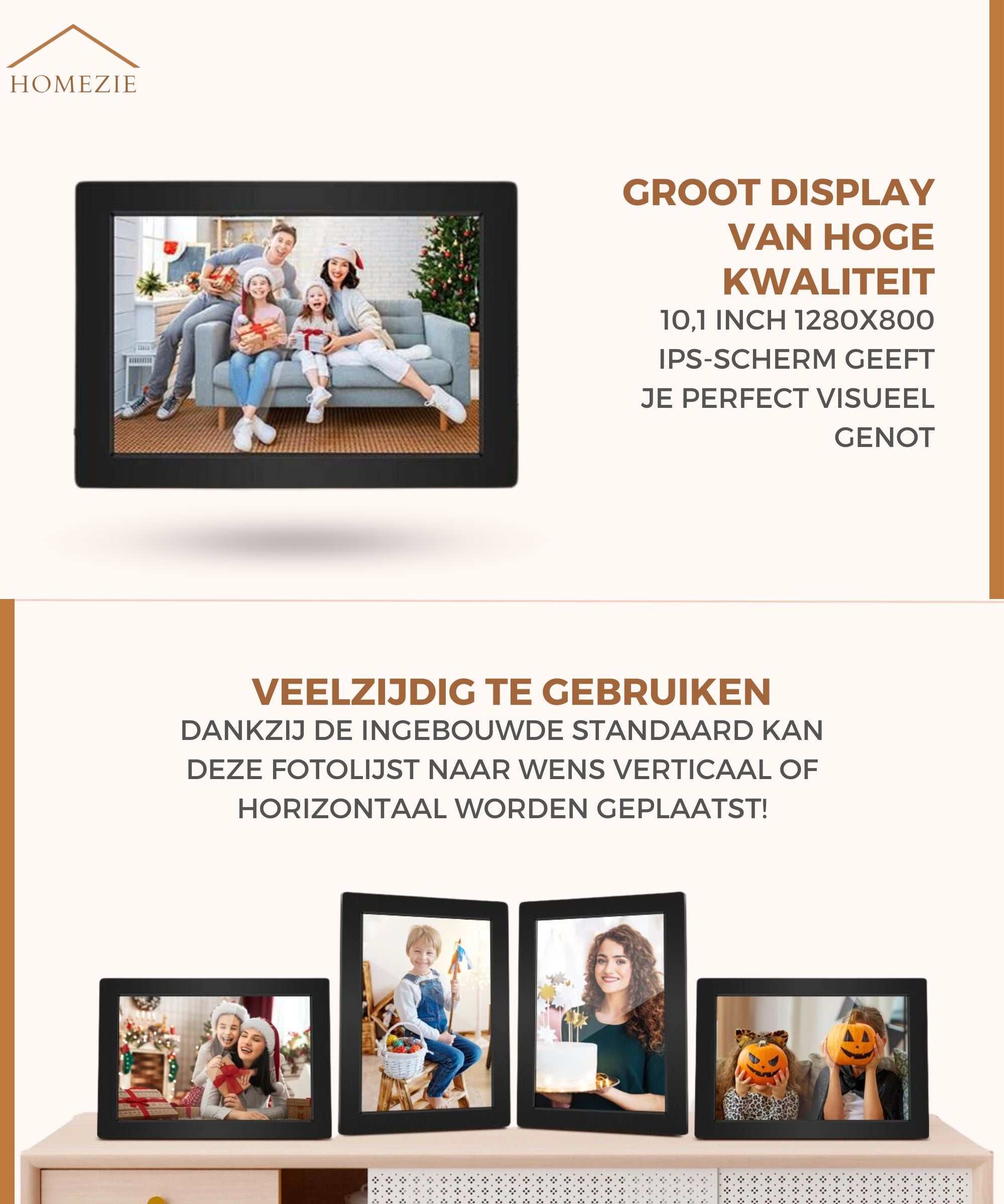 Homezie® Digitale fotolijst | Frameo app | Haarscherpe beelden | 10 inch Touchscreen scherm | Digitale fotolijst met WiFi