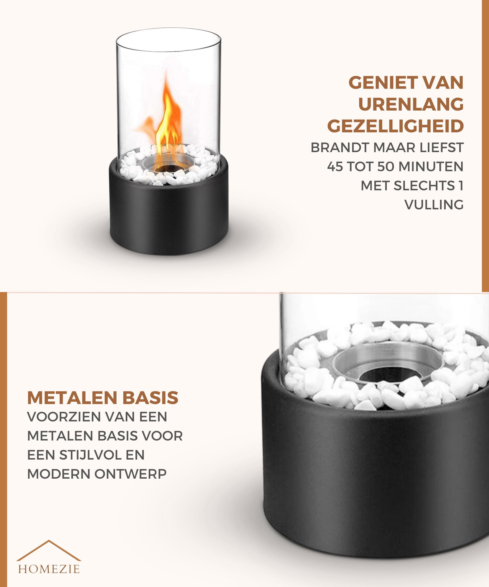 Homezie® Tafelhaard | Rond zwart | Voor binnen & buiten | Met vuurdover | Bio ethanol sfeerhaard