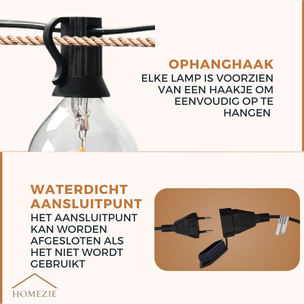 HomezieĀ® Lichtsnoer | Dimbaar & Koppelbaar | IP44 Spatwaterdicht | Prikkabel Warm Wit | Verlichting | Meerdere lengtes verkrijgbaar
