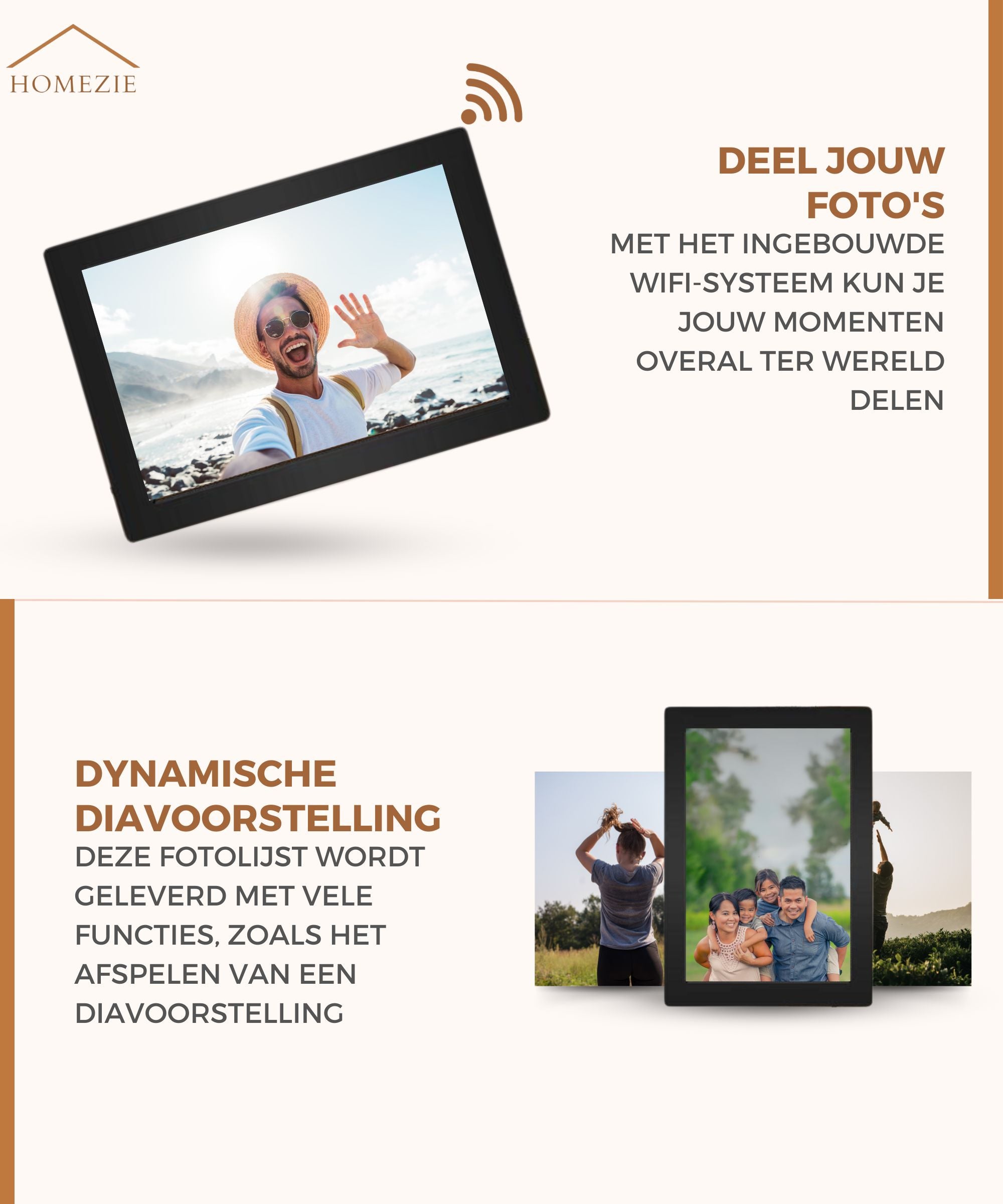 Homezie® Digitale fotolijst | Frameo app | Haarscherpe beelden | 10 inch Touchscreen scherm | Digitale fotolijst met WiFi