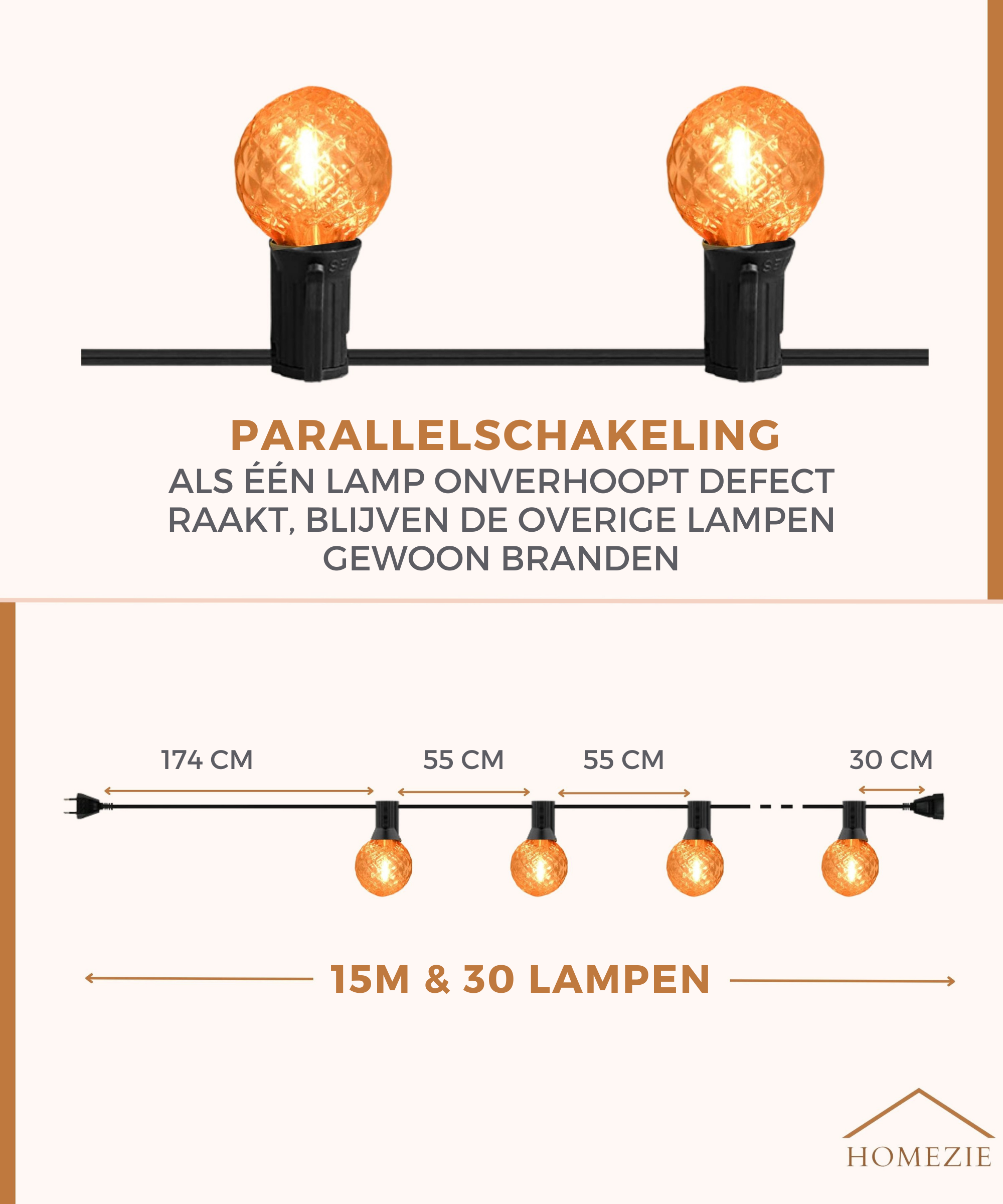 Homezie® Lichtsnoer 15 meter met 30 LED bulbs | Warm wit | Koppelbaar & Dimbaar