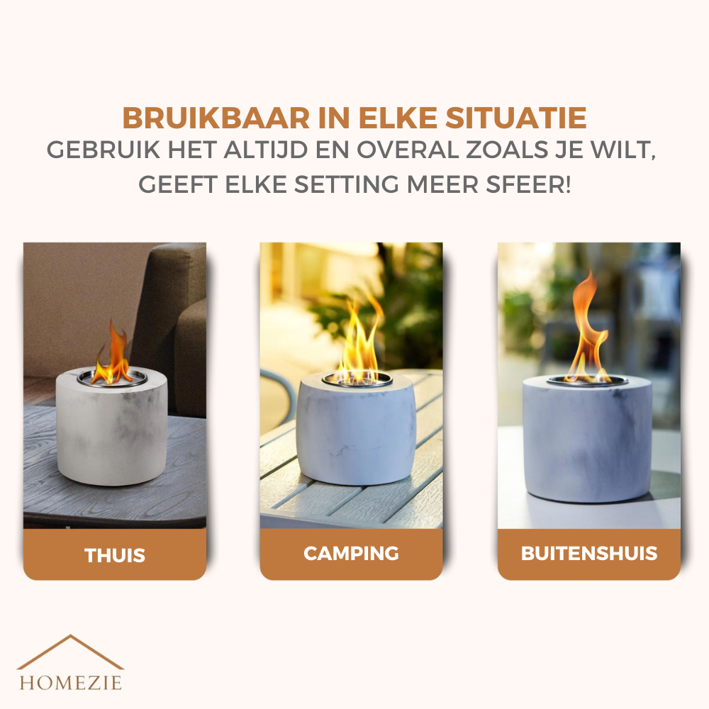 Homezie® Tafelhaard | Voor binnen & buiten | Rond marble grijs | Sfeerhaard | Bio ethanol haard