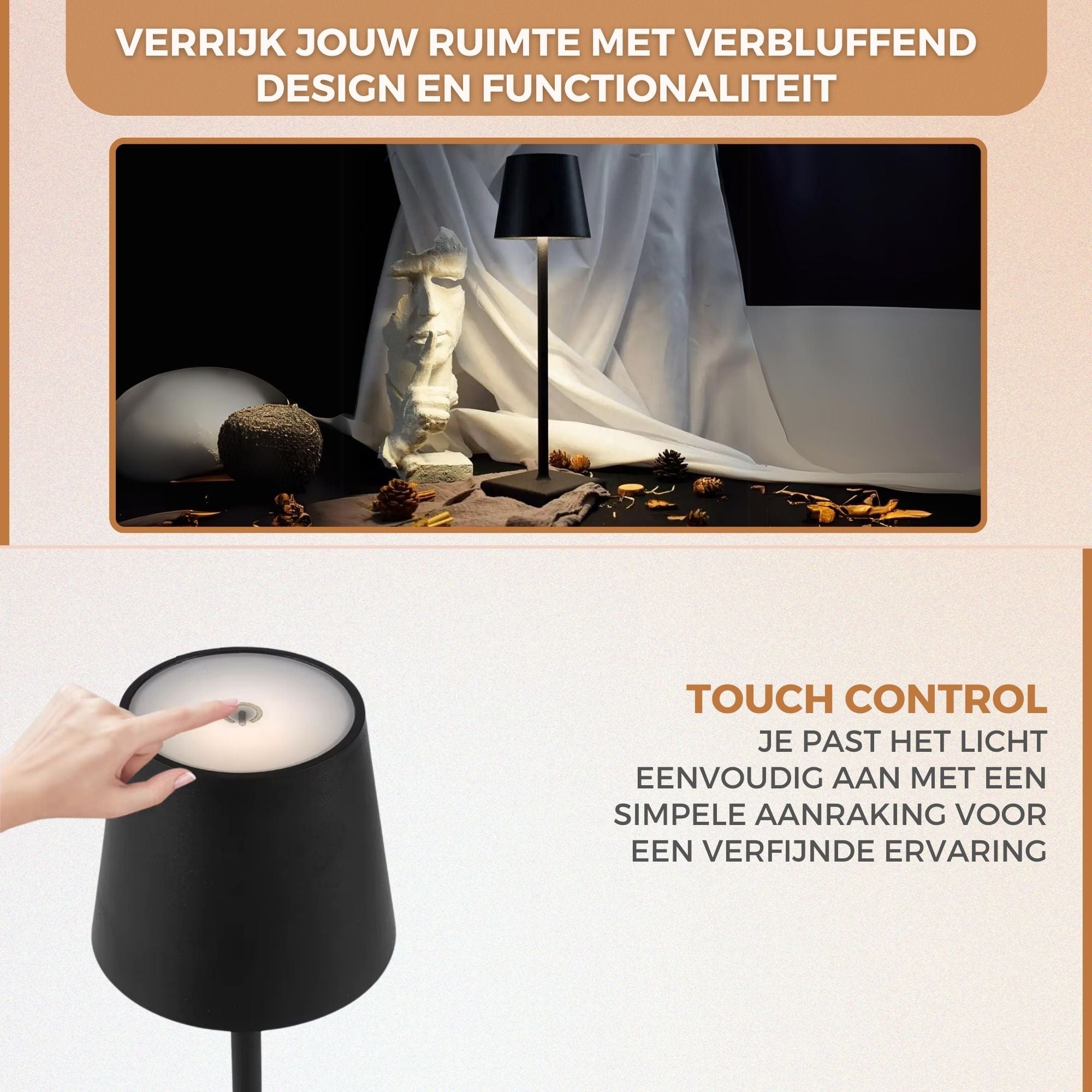 Homezie TouchLite | Draadloze Tafellamp | Verstelbare Helderheid | USB-C Oplaadbaar | Sfeerverlichting