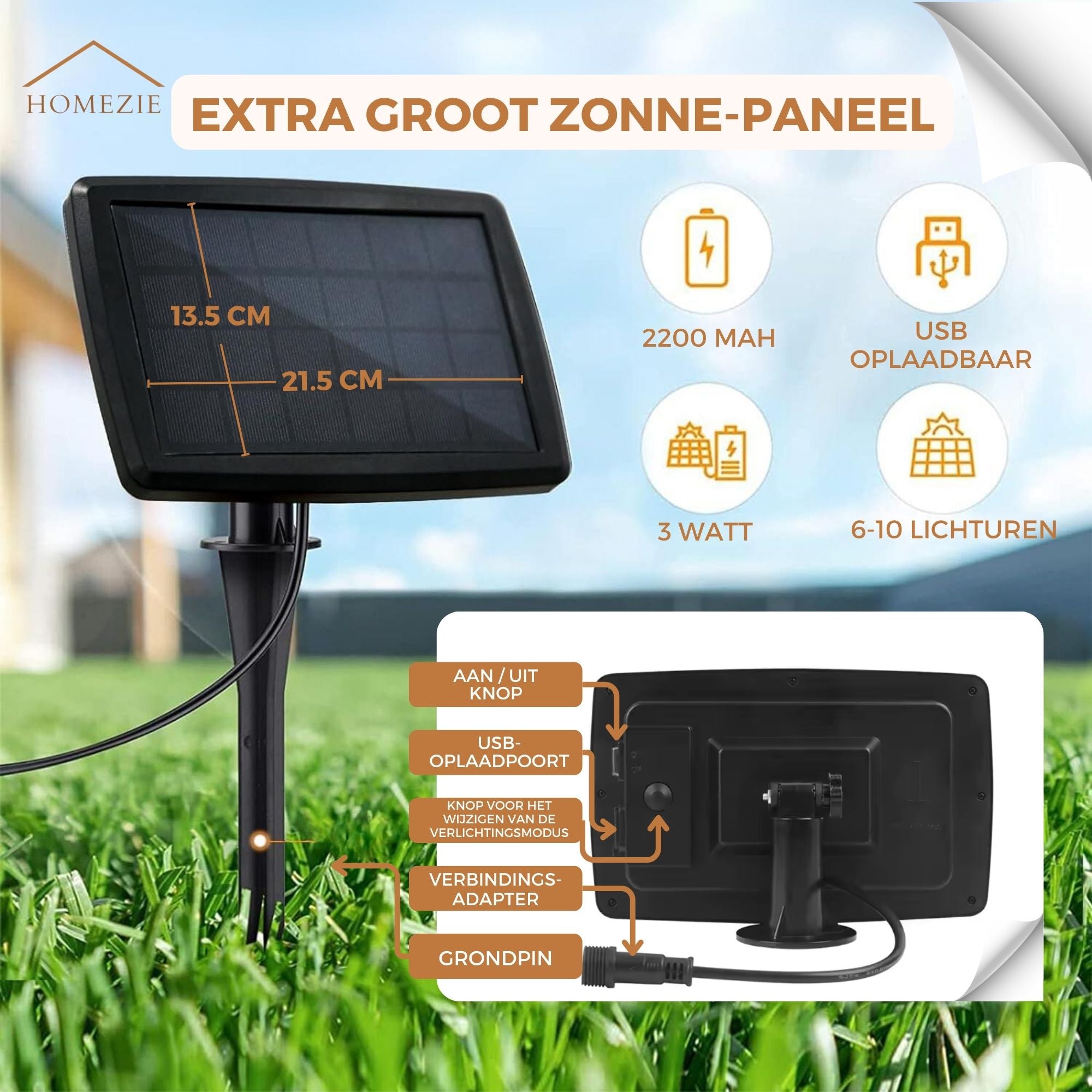 Homezie Lichtsnoer op zonne-energie | IP65 Waterdicht | Dimbaar met afstandsbediening | Warm witte LED-lampen | Solar tuinverlichting