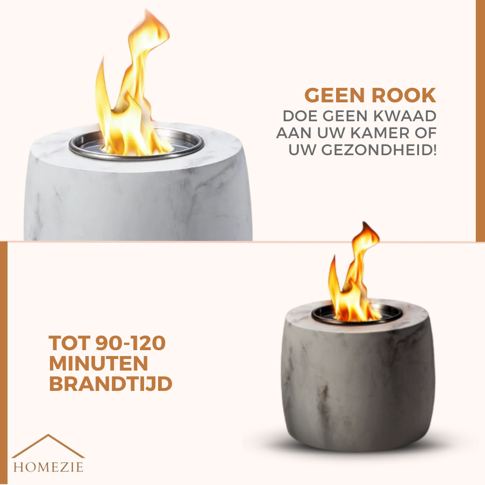 Homezie® Tafelhaard | Voor binnen & buiten | Rond marble grijs | Sfeerhaard | Bio ethanol haard