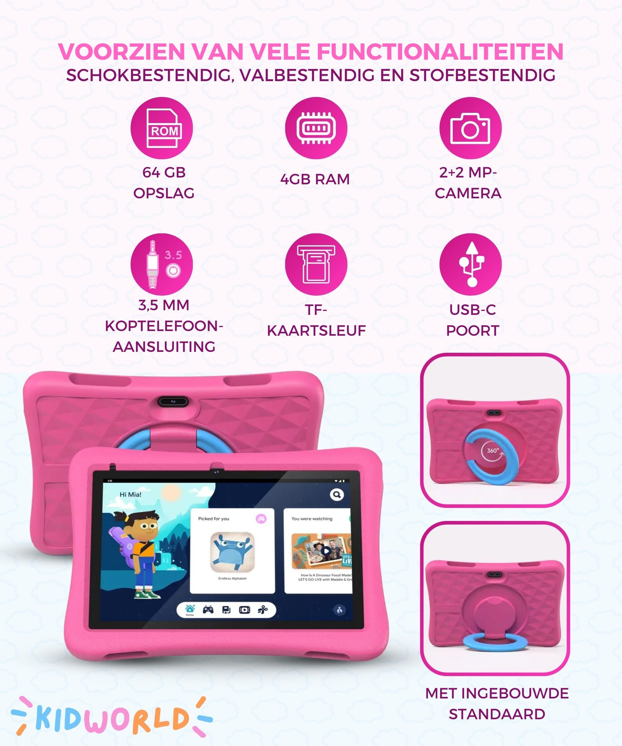 KidWorld® Kindertablet Roze & Blauw | EARLY SPRING SALE | 4GB RAM + 64GB Geheugen | 5000 MaH | 10 Inch Beeldscherm | Android 13 | Tablet Kinderen