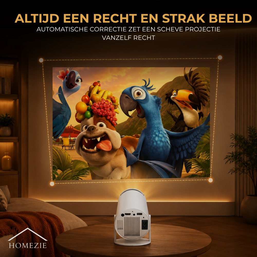 Homezie Beamer | Streamen vanaf je telefoon | 8K steun| 720P | WiFi, HDMI, Bluetooth | Android 14.0 | Inclusief opbergtas | Mini beamer