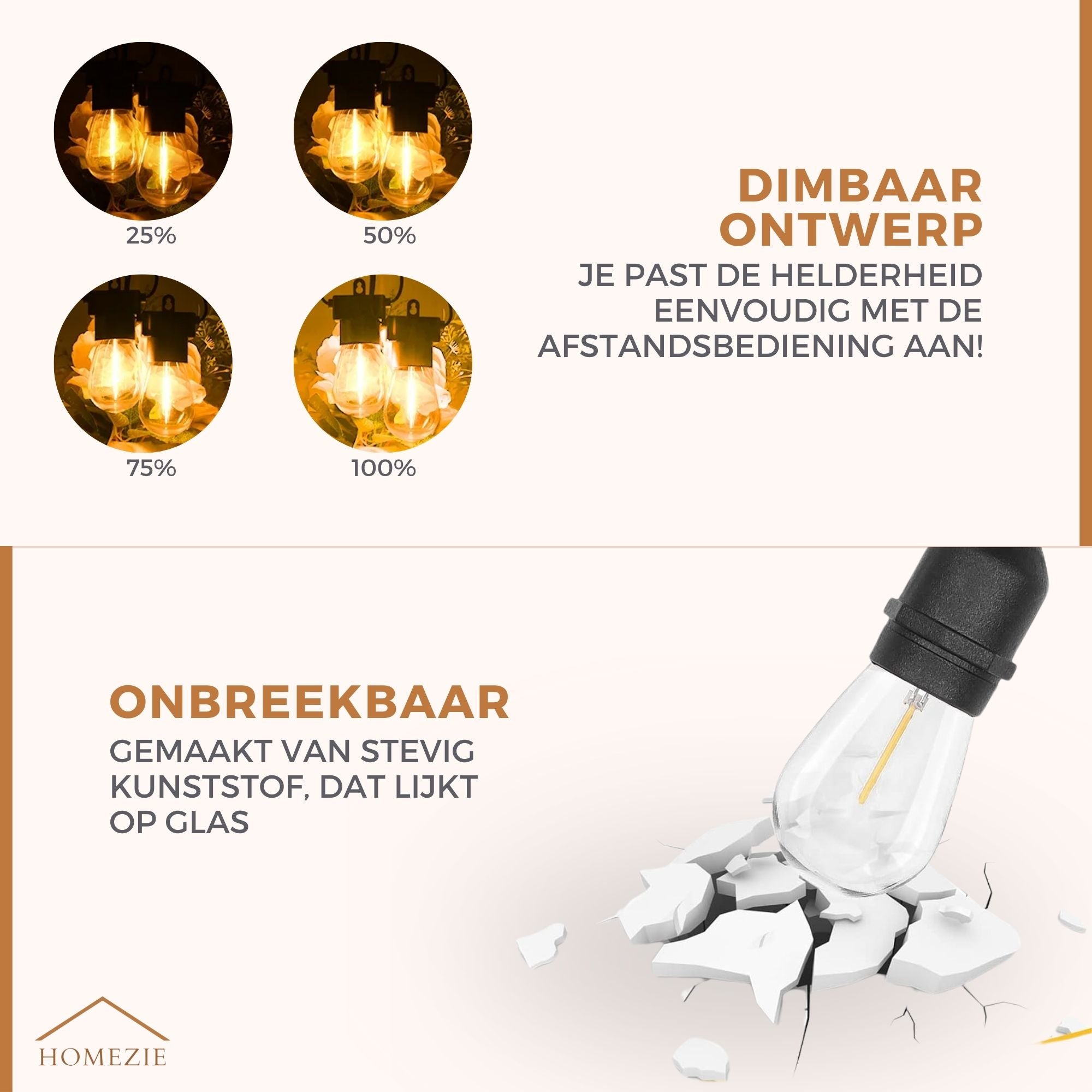 Homezie Lichtsnoer op zonne-energie | IP65 Waterdicht | Dimbaar met afstandsbediening | Warm witte LED-lampen | Solar tuinverlichting