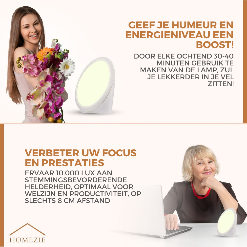Homezie® Daglichtlamp | 10.000 lux | UV-vrij | Ingebouwde timers | 3000-6500K | Boost je energieniveau, focus & stemming!