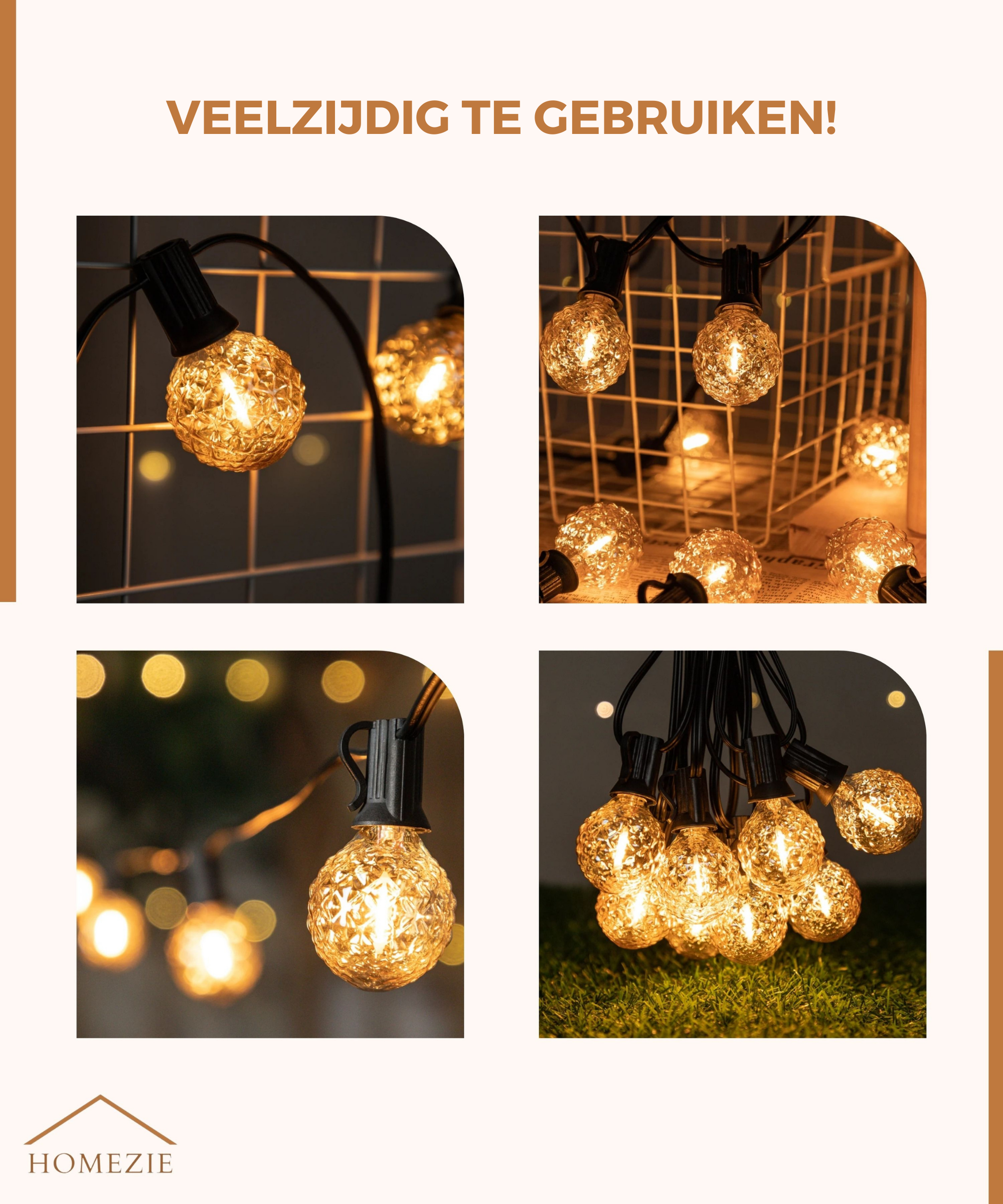 Homezie® Lichtsnoer 15 meter met 30 LED bulbs | Warm wit | Koppelbaar & Dimbaar