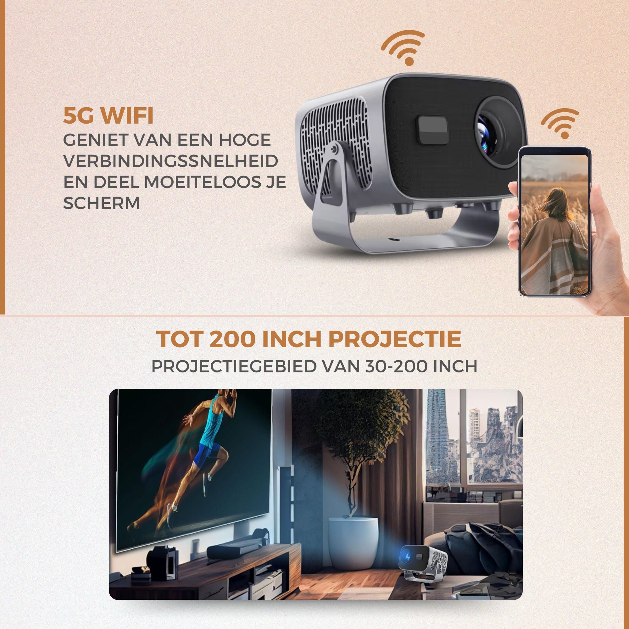 Homezie Beamer | Inclusief HDMI kabel & Afstandsbediening | Scherm Spiegelen vanaf iPhone & Android | Keystone correctie | 4K support | Projector