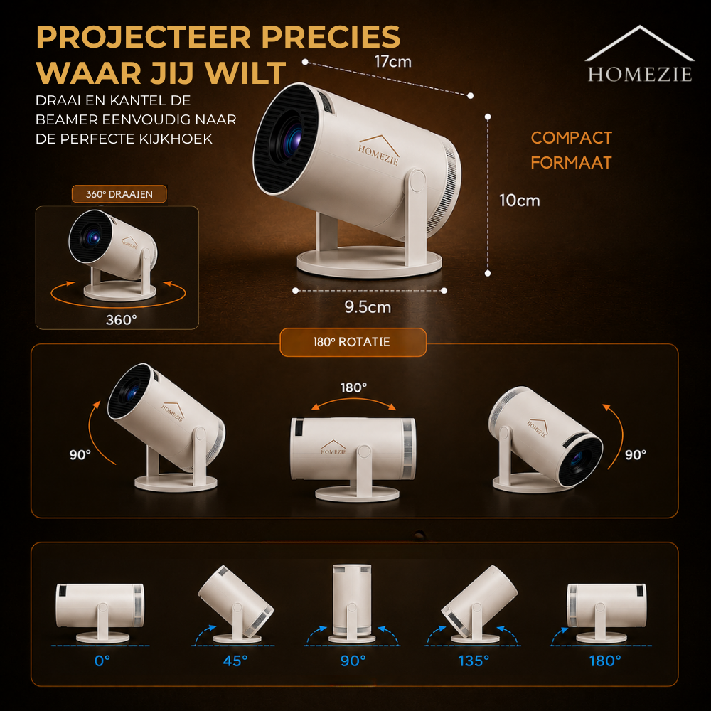Homezie Beamer | Streamen vanaf je telefoon | 8K steun| 720P | WiFi, HDMI, Bluetooth | Android 14.0 | Inclusief opbergtas | Mini beamer