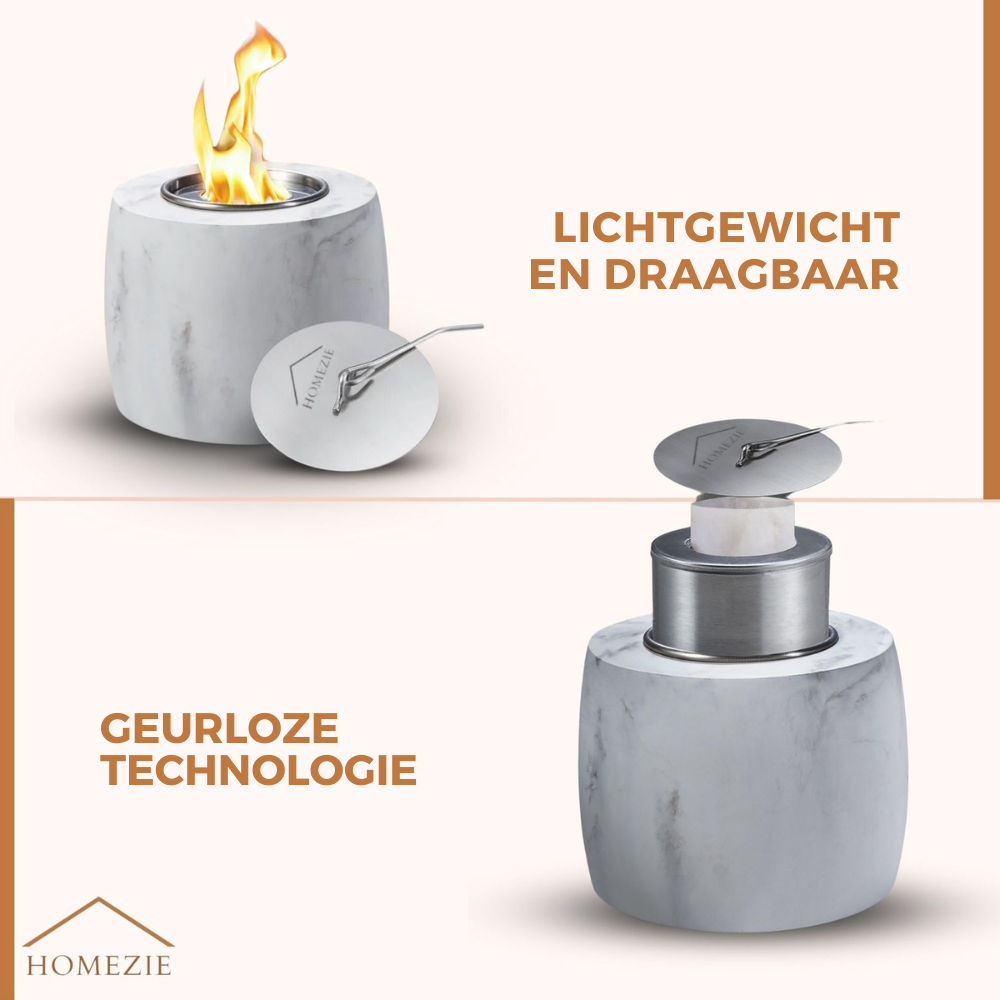 Homezie® Tafelhaard | Voor binnen & buiten | Rond marble grijs | Sfeerhaard | Bio ethanol haard