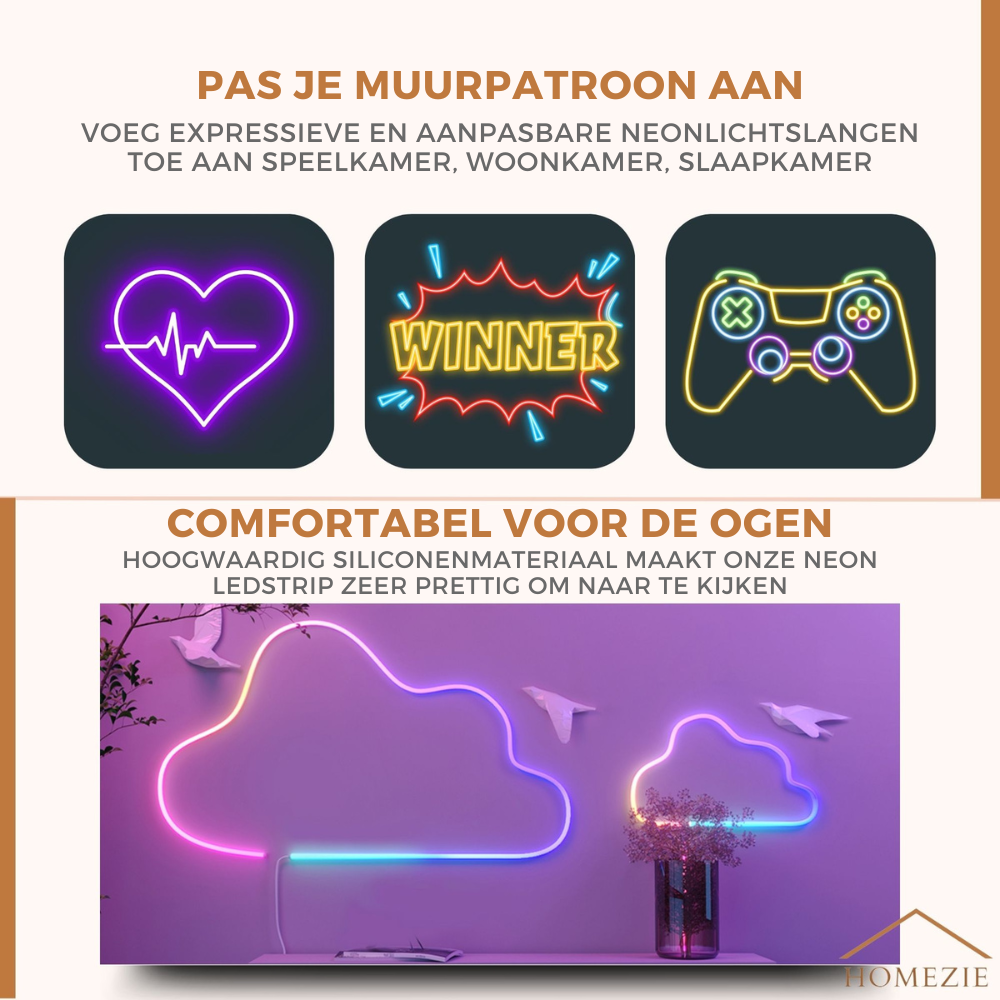 Homezie® LED Strip - Neon RGB - 3 meter - IP67 Waterproof - Bluetooth App control & Afstandsbediening