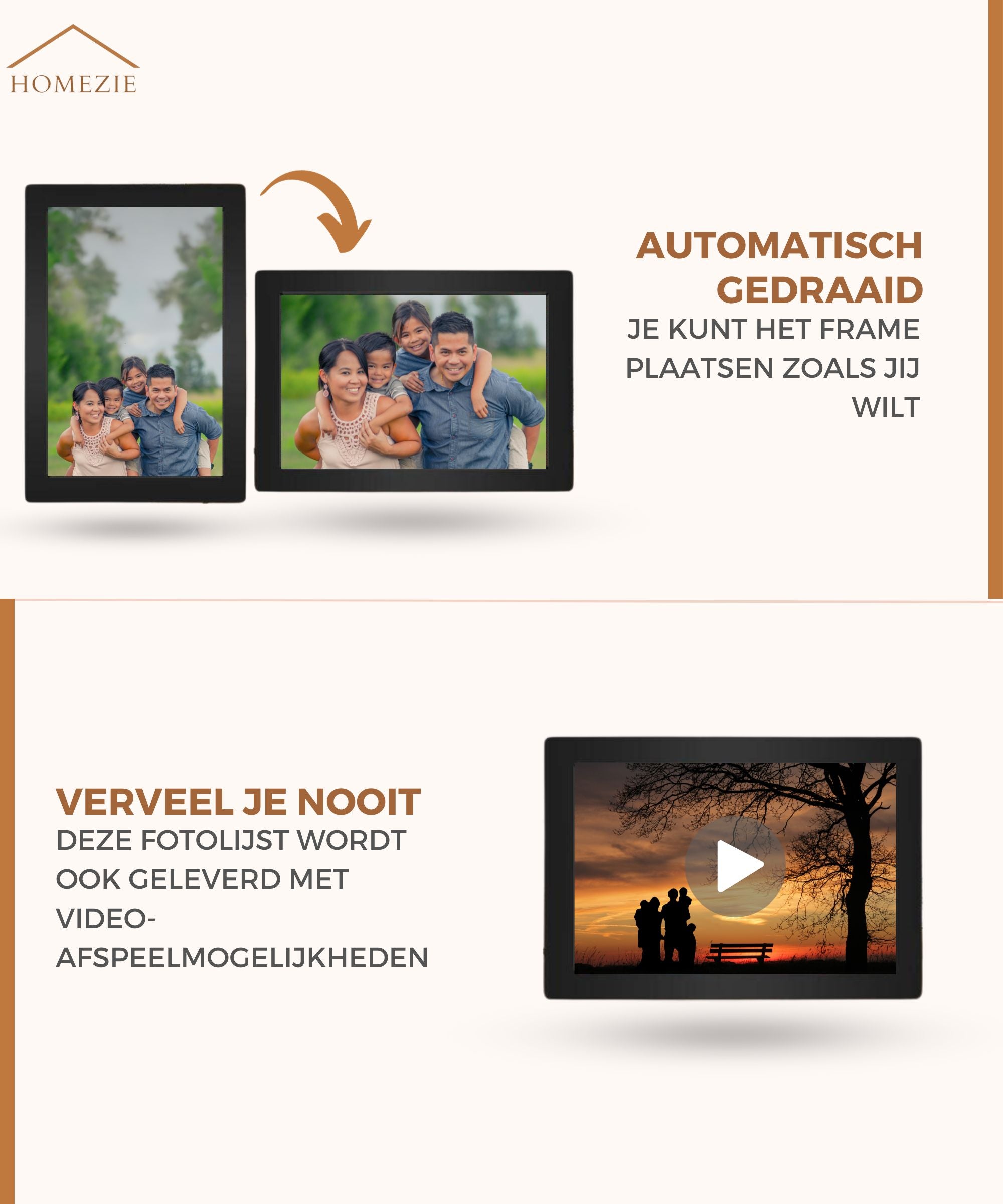 Homezie® Digitale fotolijst | Frameo app | Haarscherpe beelden | 10 inch Touchscreen scherm | Digitale fotolijst met WiFi