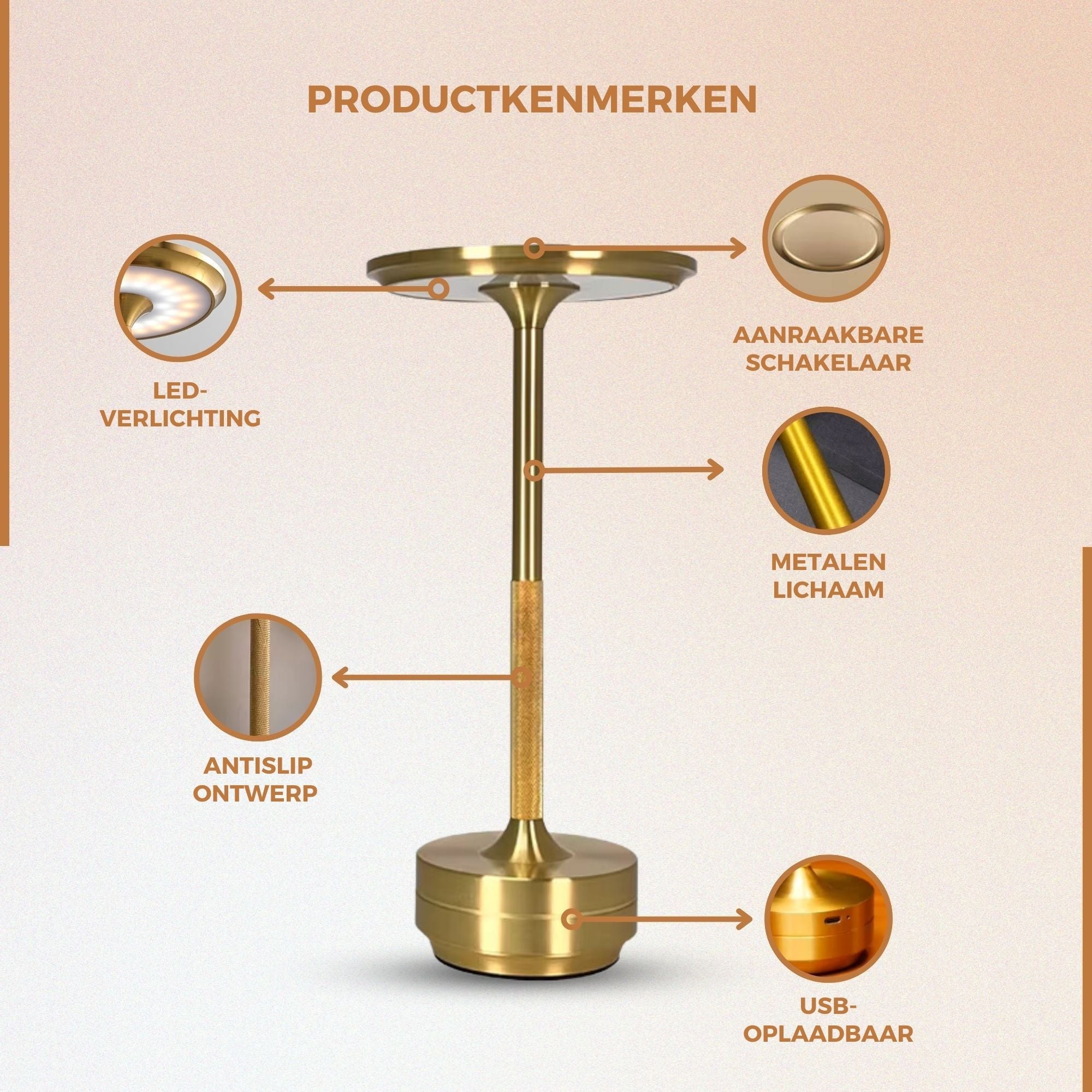 Homezie ElegantGlow | Tafellamp | Touch control | Verstelbare Helderheid | Oplaadbaar via USB-C