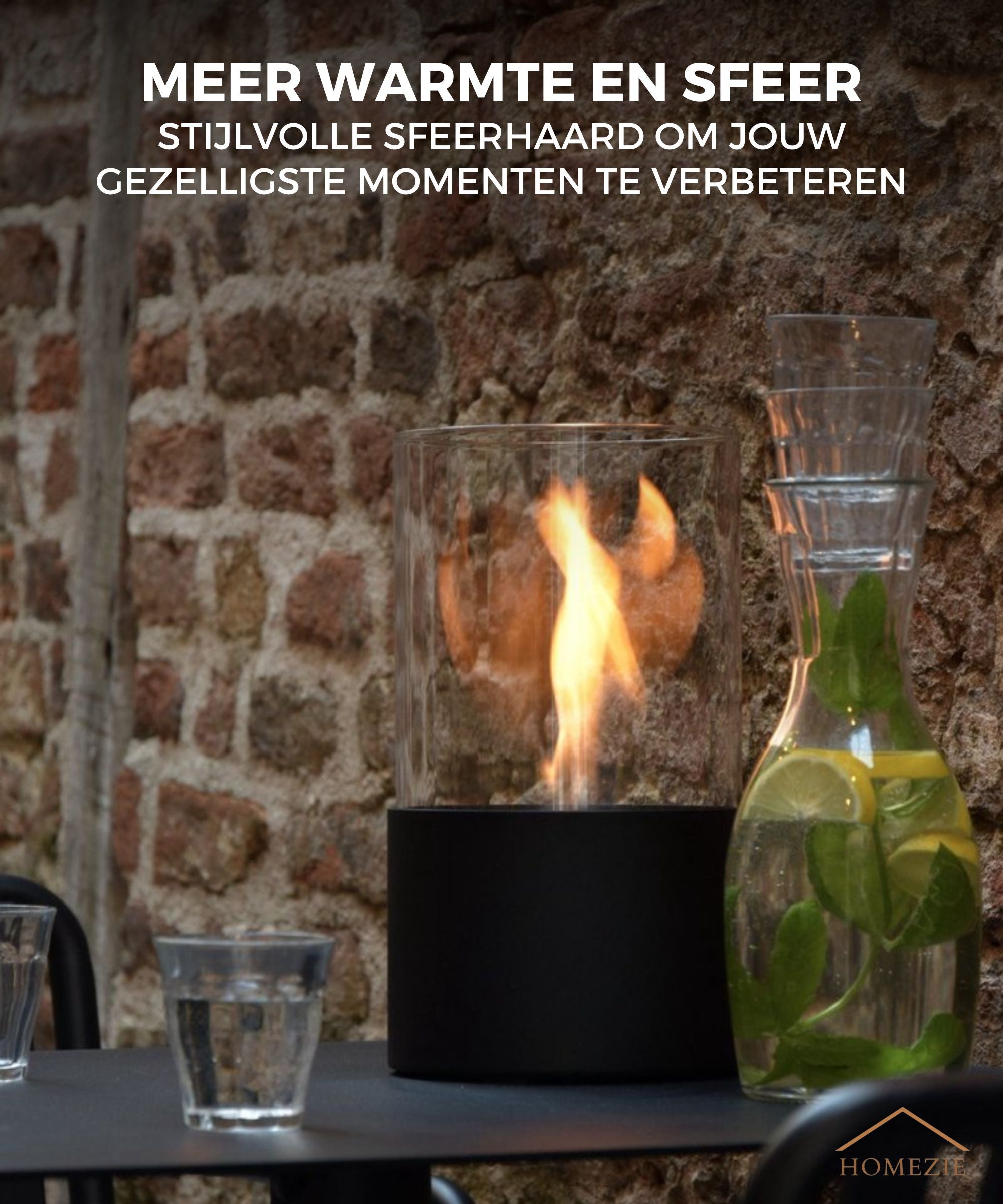 Homezie® Tafelhaard | Rond zwart | Voor binnen & buiten | Met vuurdover | Bio ethanol sfeerhaard