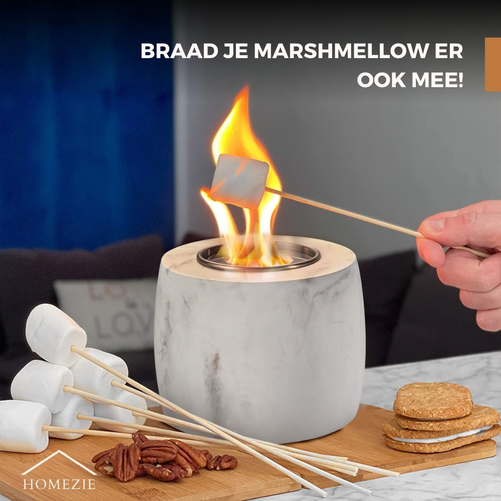 Homezie® Tafelhaard | Voor binnen & buiten | Rond marble grijs | Sfeerhaard | Bio ethanol haard