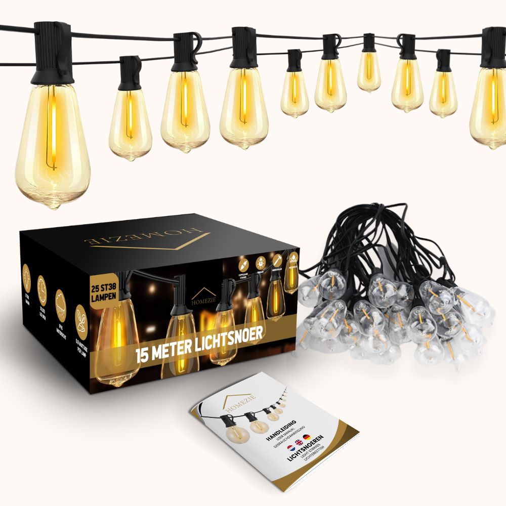 Homezie Lichtsnoer 15 meter met 25 grote LED bulbs | IP44 Spatwaterdicht | Warm wit | Koppelbaar & Dimbaar