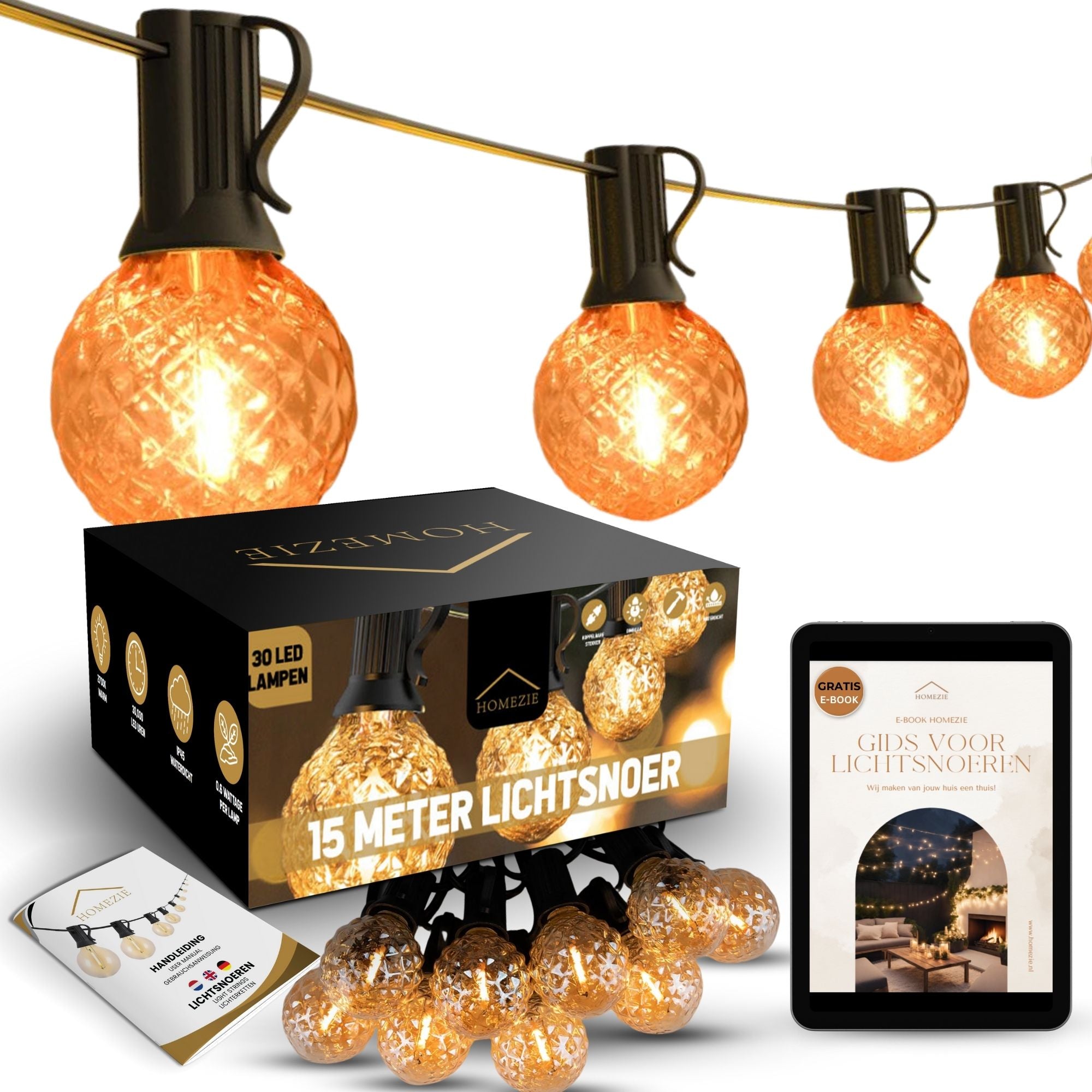 Homezie® Lichtsnoer 15 meter met 30 LED bulbs | Uniek design | IP44 Spatwaterdicht | Warm wit | Koppelbaar & Dimbaar