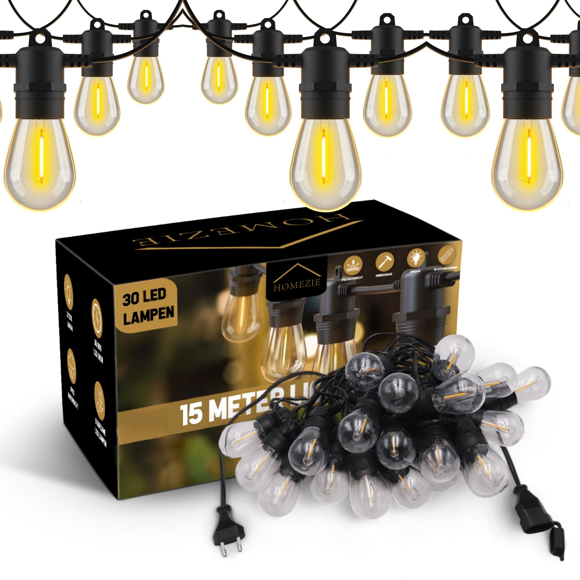 Homezie® Lichtsnoer | IP65 Waterdicht | Kunststof S14 LED lampen | Warm wit | Koppelbaar & Dimbaar | Meerdere lengtes verkrijgbaar