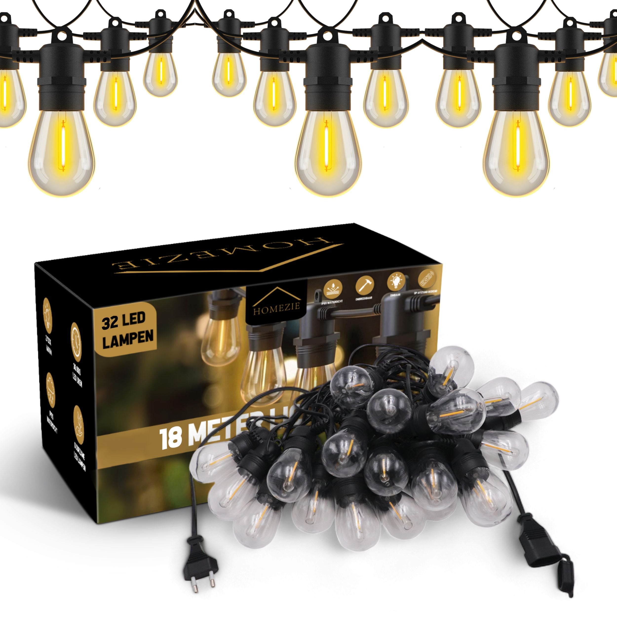 Homezie® Lichtsnoer | IP65 Waterdicht | Kunststof S14 LED lampen | Warm wit | Koppelbaar & Dimbaar | Meerdere lengtes verkrijgbaar